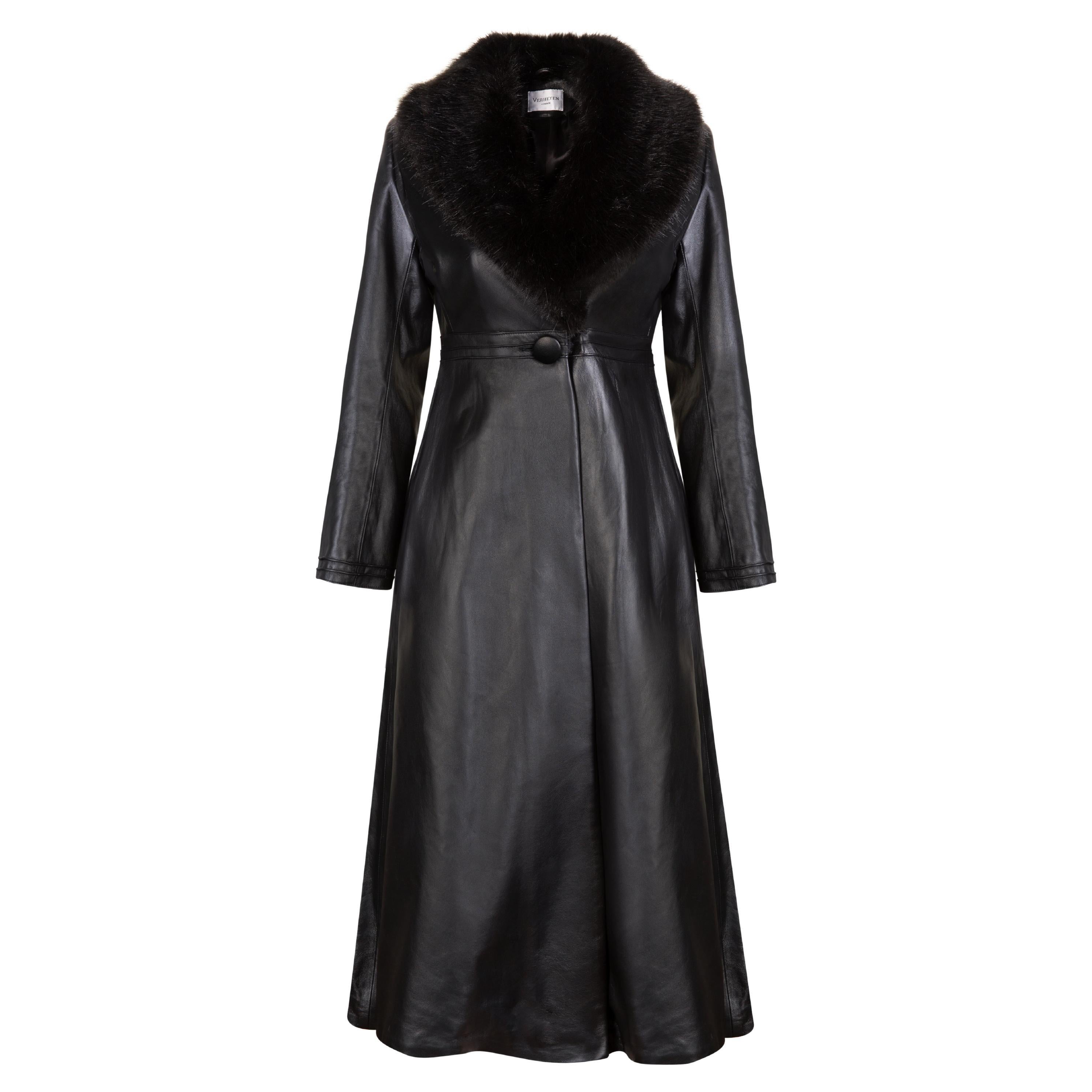 Verheyen London Edward Leather Coat with Faux Fur Collar in Black - Size uk 12 For Sale