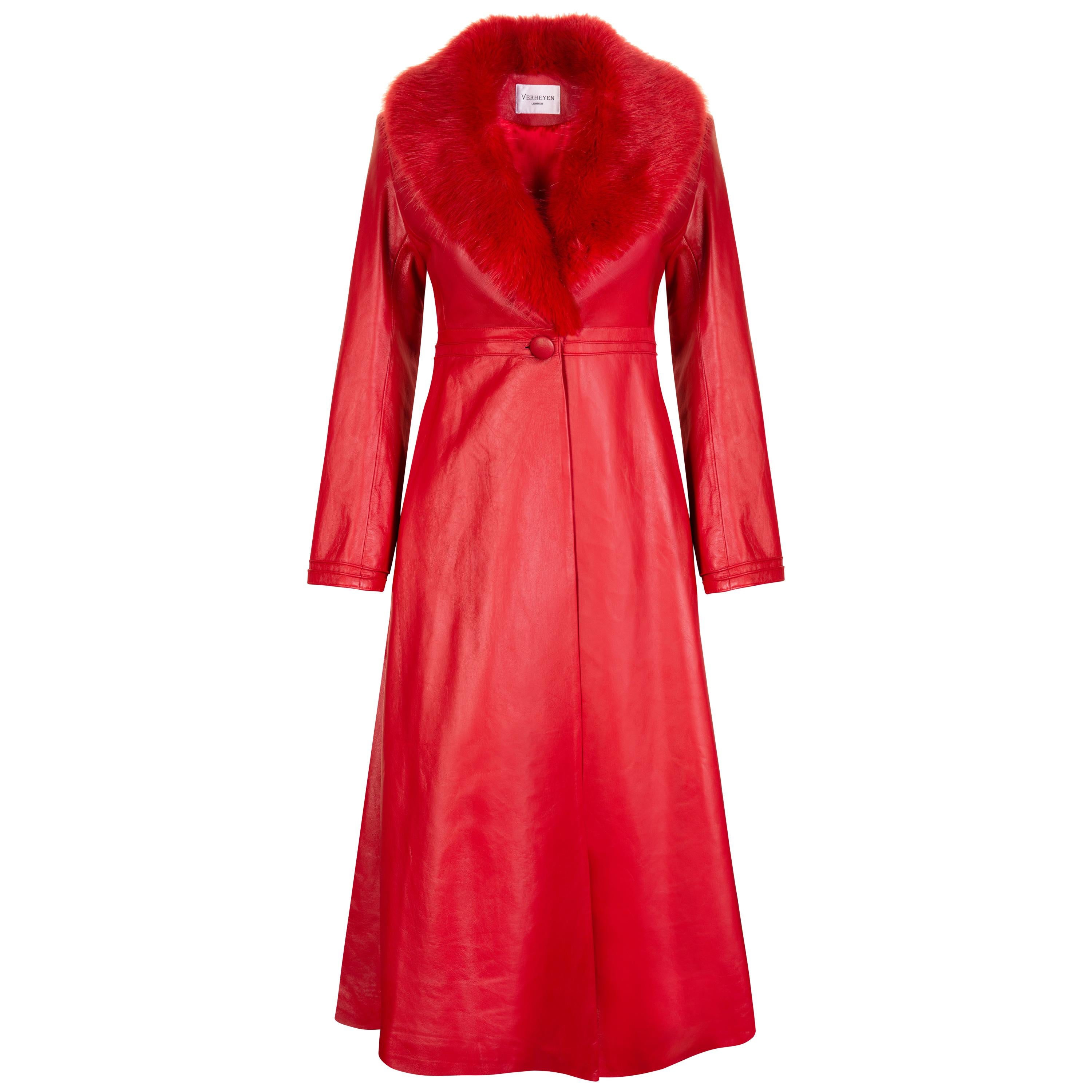 Verheyen London Edward Leather Coat with Faux Fur Collar in Red - Size uk 10