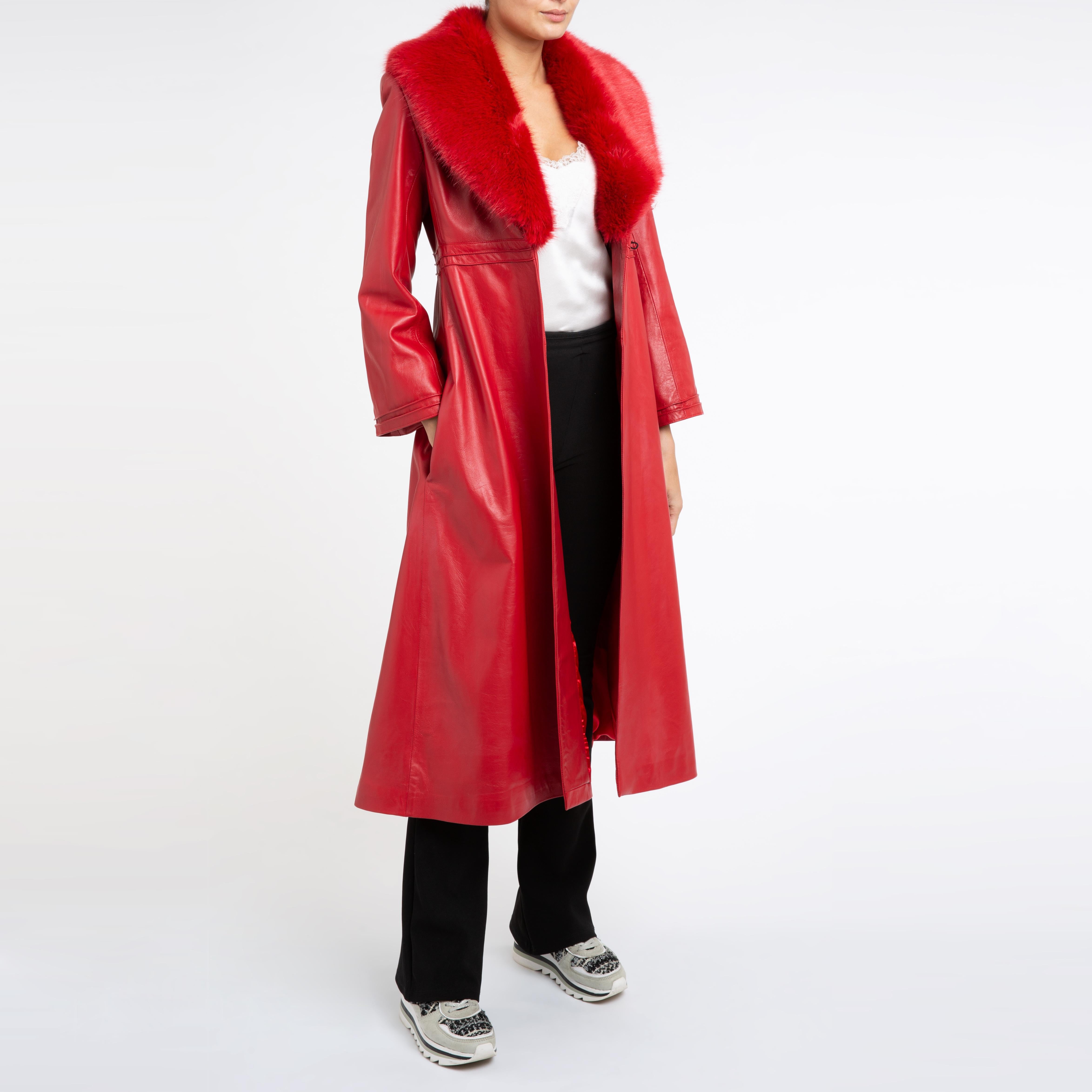 Verheyen London Manteau en cuir Edward avec col en fausse fourrure en rouge - Taille uk 12 en vente 4