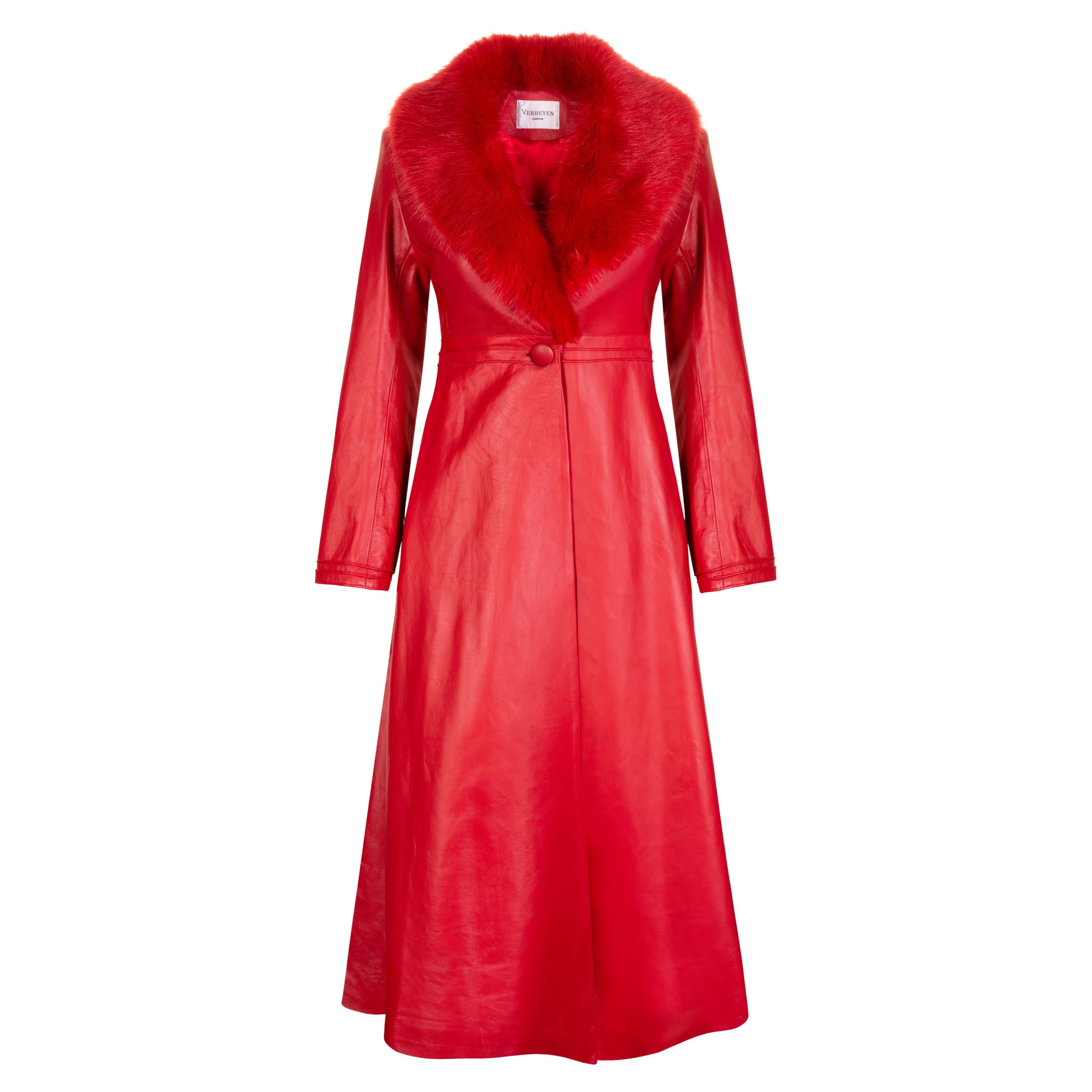 Verheyen London Edward Leather Coat with Faux Fur Collar in Red - Size uk 12