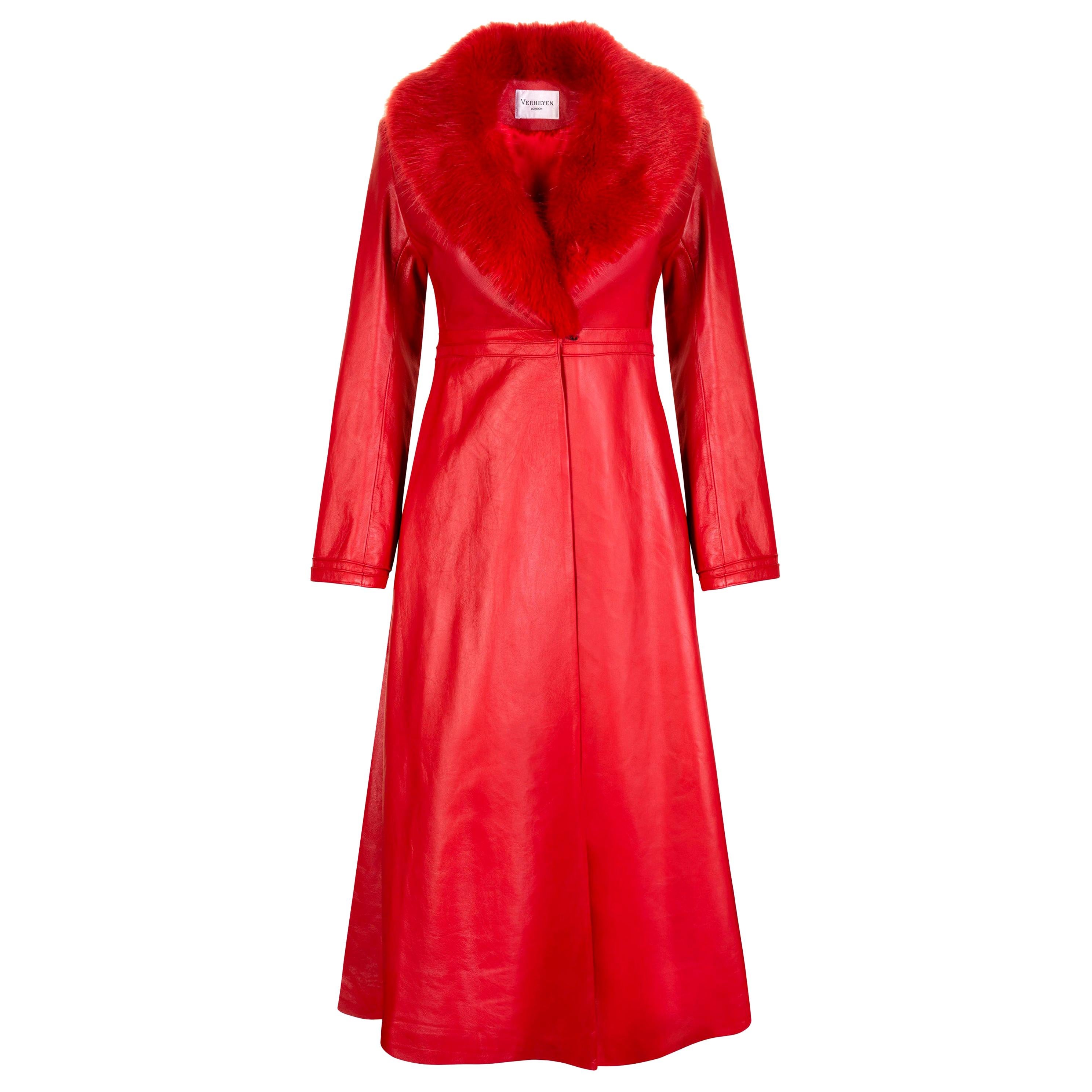 Manteau Edward en cuir avec col en fausse fourrure rouge Verheyen London, Taille UK 12 en vente