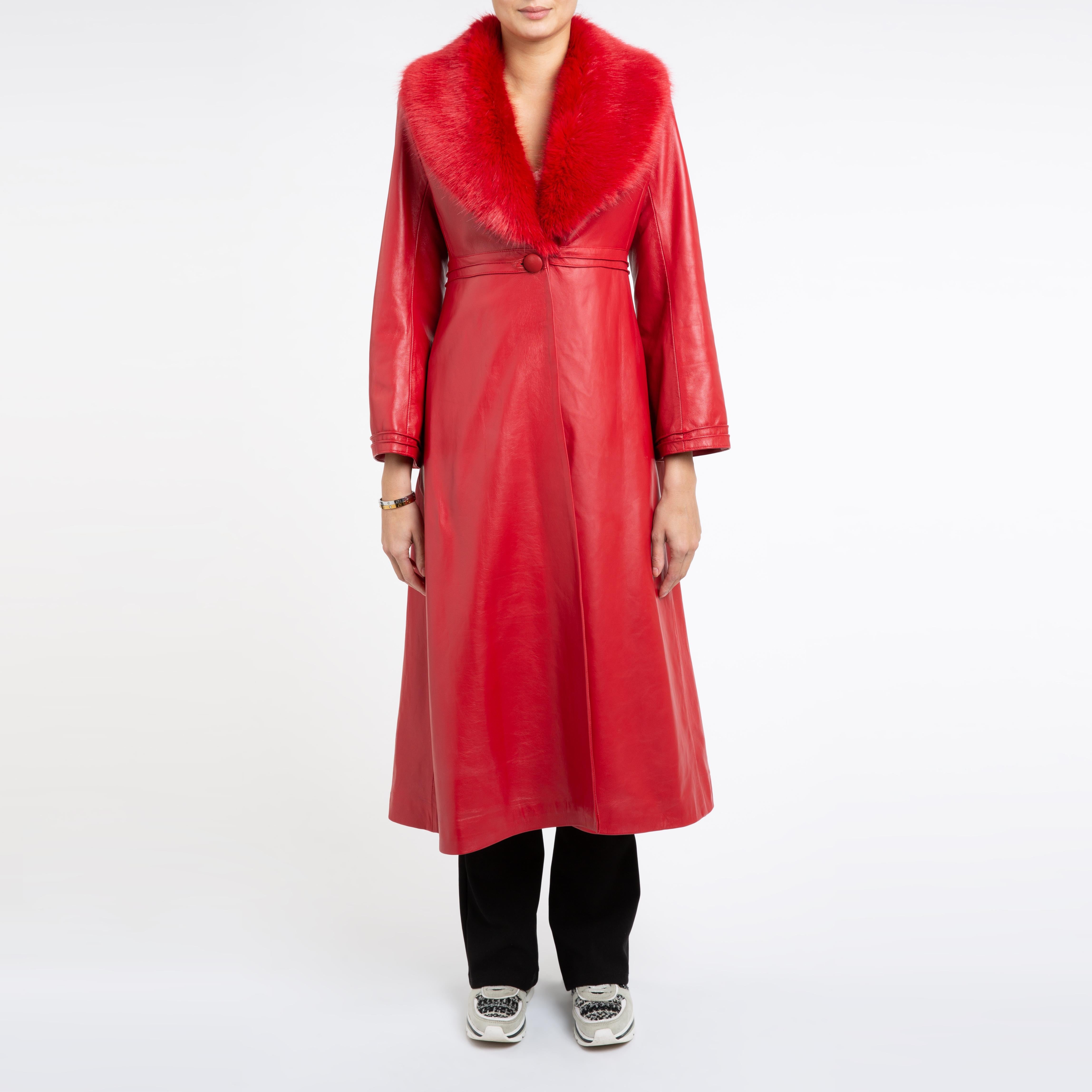 Women's Verheyen London Edward Leather Coat with Faux Fur Collar in Red - Size uk 16 For Sale
