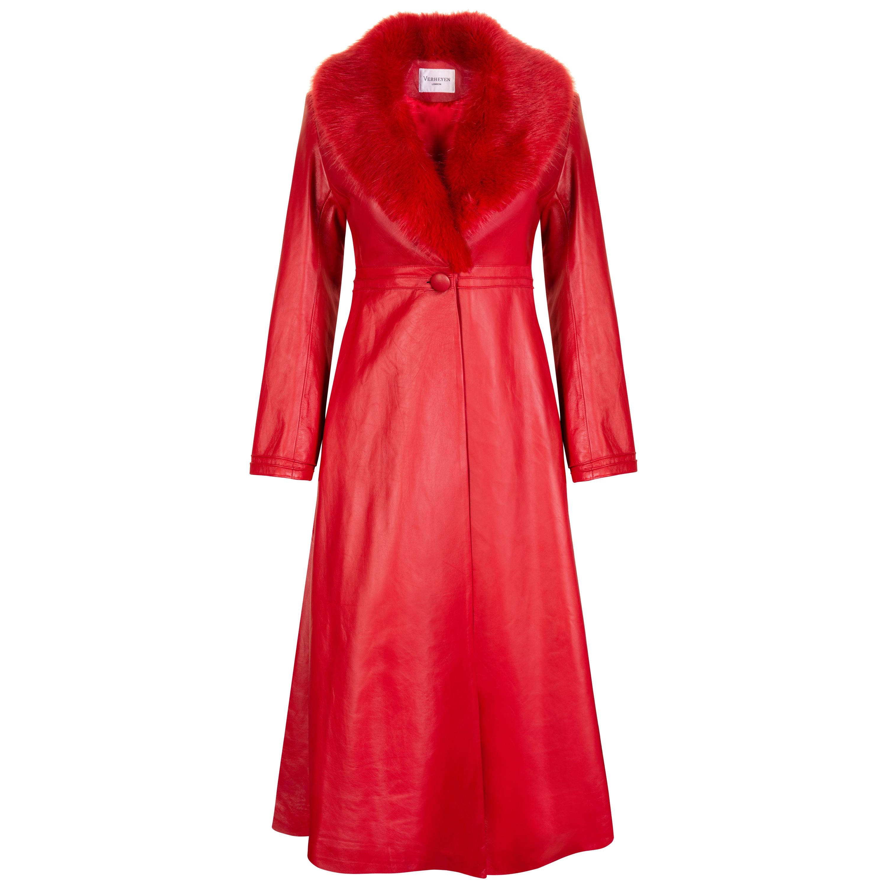 Verheyen London Edward Leather Coat with Faux Fur Collar in Red - Size uk 16