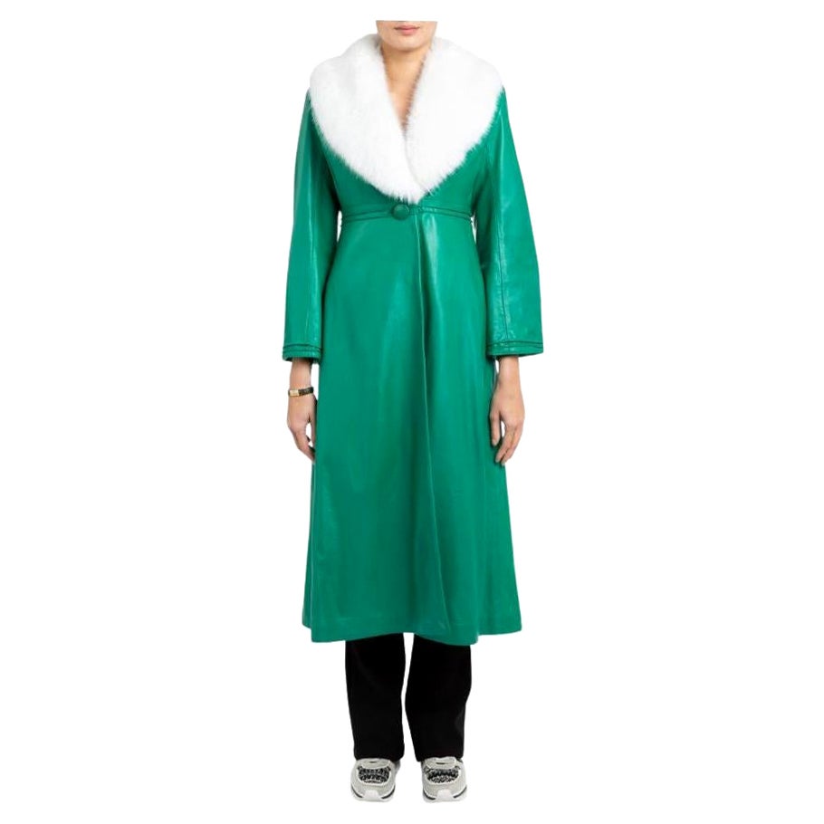 Verheyen London Edward Leather Trench Coat in Green and White Faux Fur, Size 10