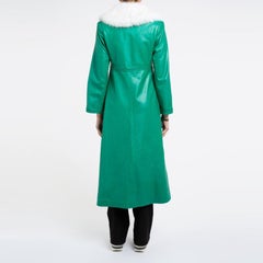 Verheyen London Edward Leather Trench Coat in Green and White Faux Fur, Size 12