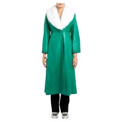 Verheyen London Edward Leather Trench Coat in Green and White Faux Fur, Size 12