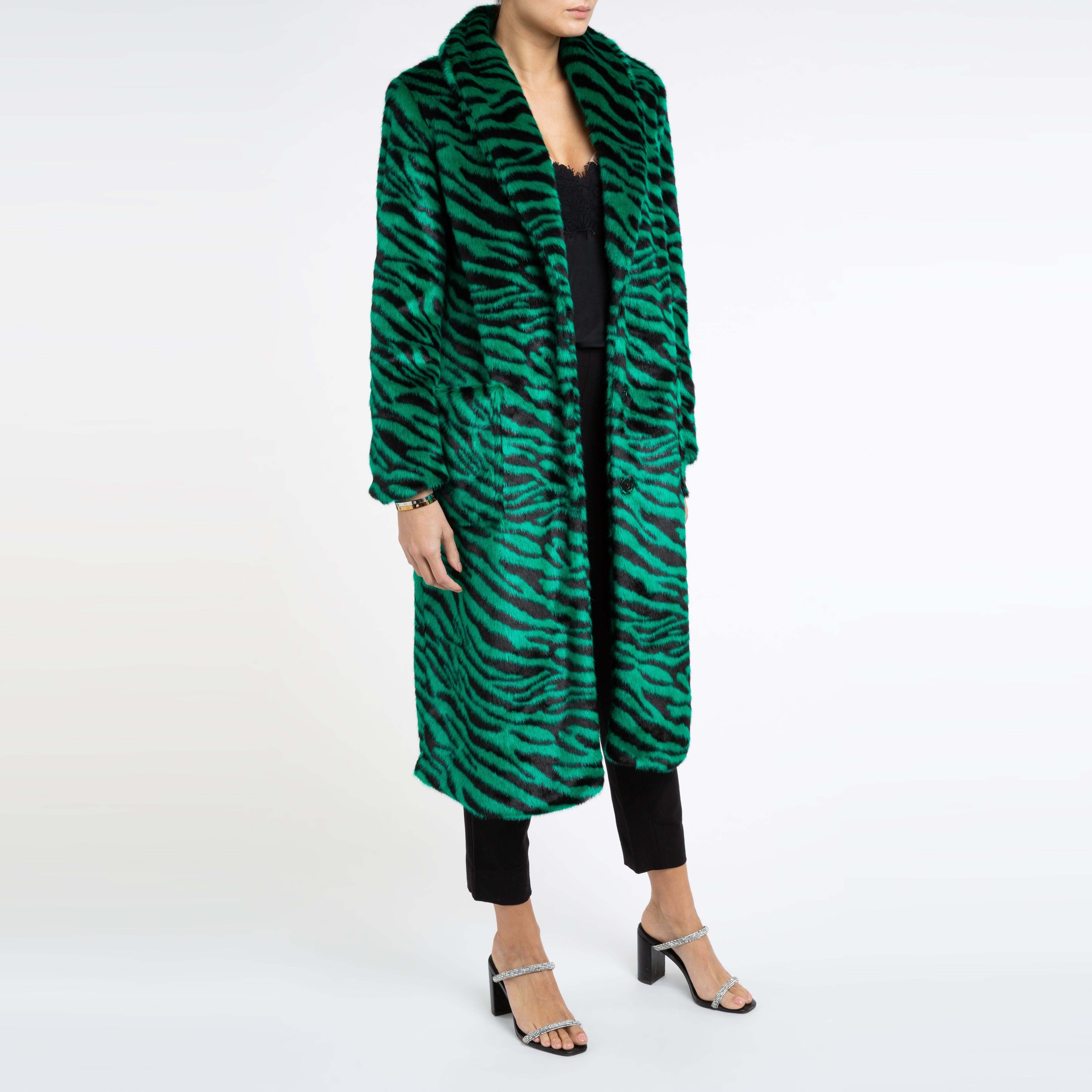 Verheyen London Esmeralda Faux Fur Coat in Emerald Green Zebra Print size uk 10 For Sale 1