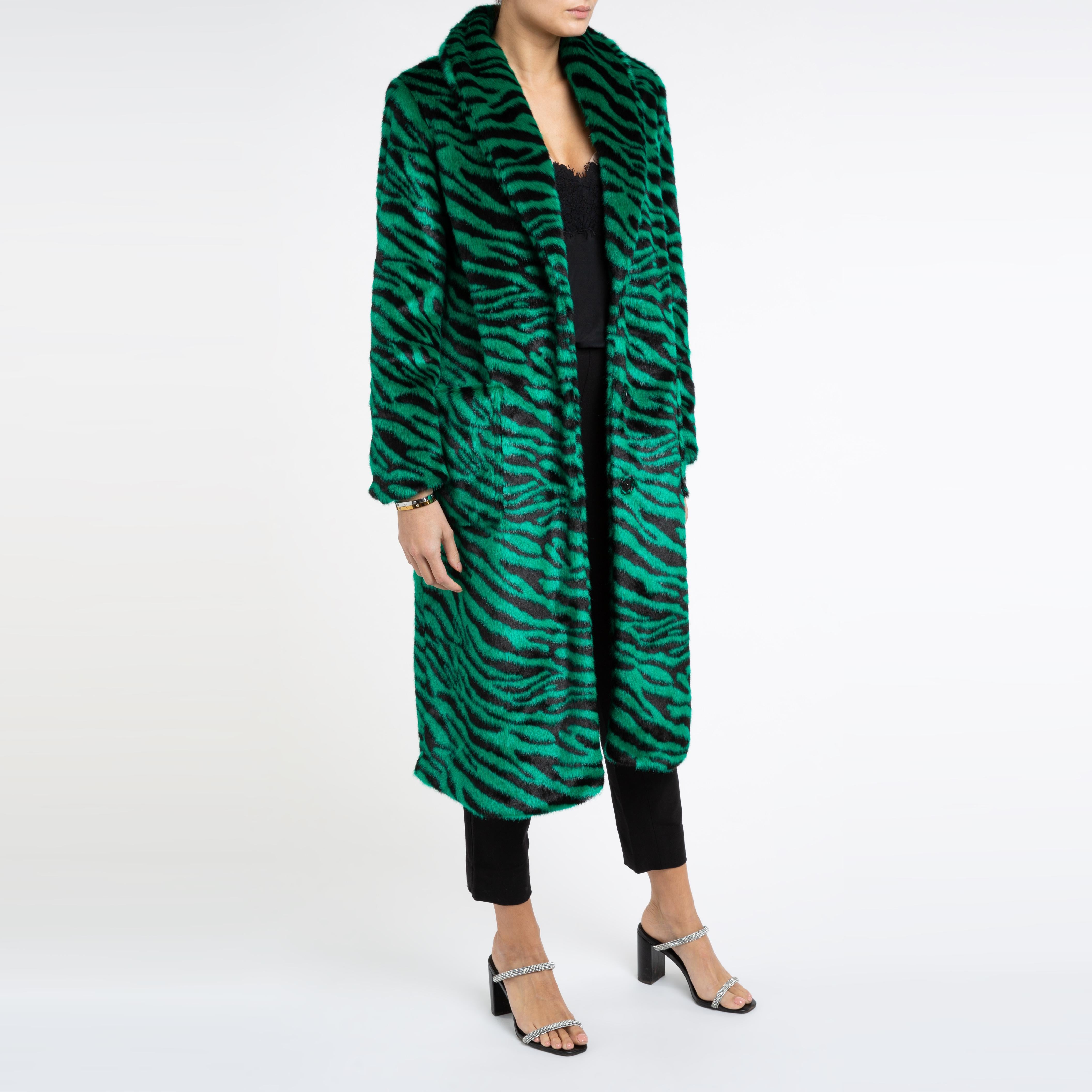 Esmeralda Kunstpelz-Mantel in Smaragdgrün mit Zebra-Druck, Größe uk 14, London Damen im Angebot