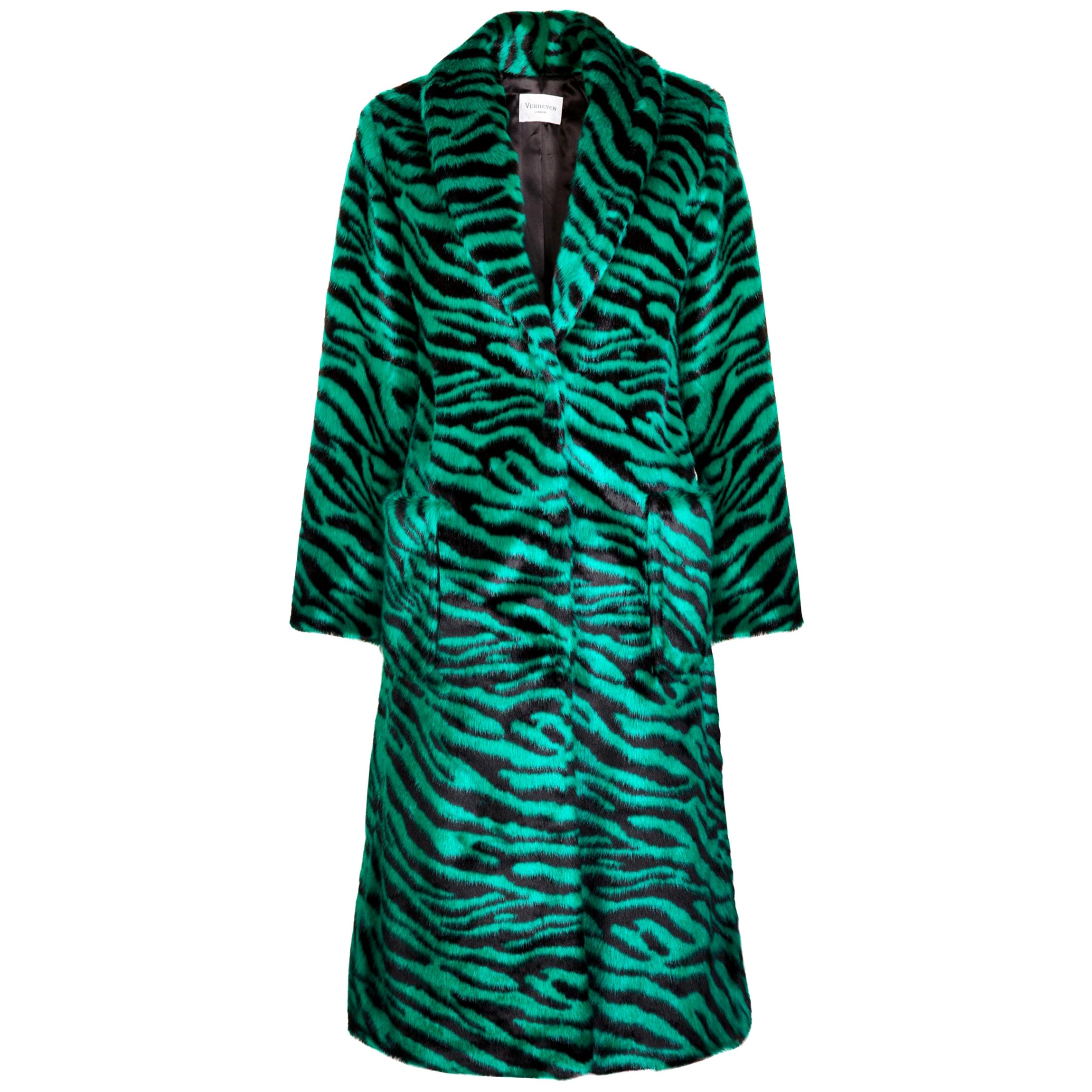 Verheyen London Manteau en fausse fourrure vert émeraude à imprimé zébré Esmeralda, taille UK 14 en vente