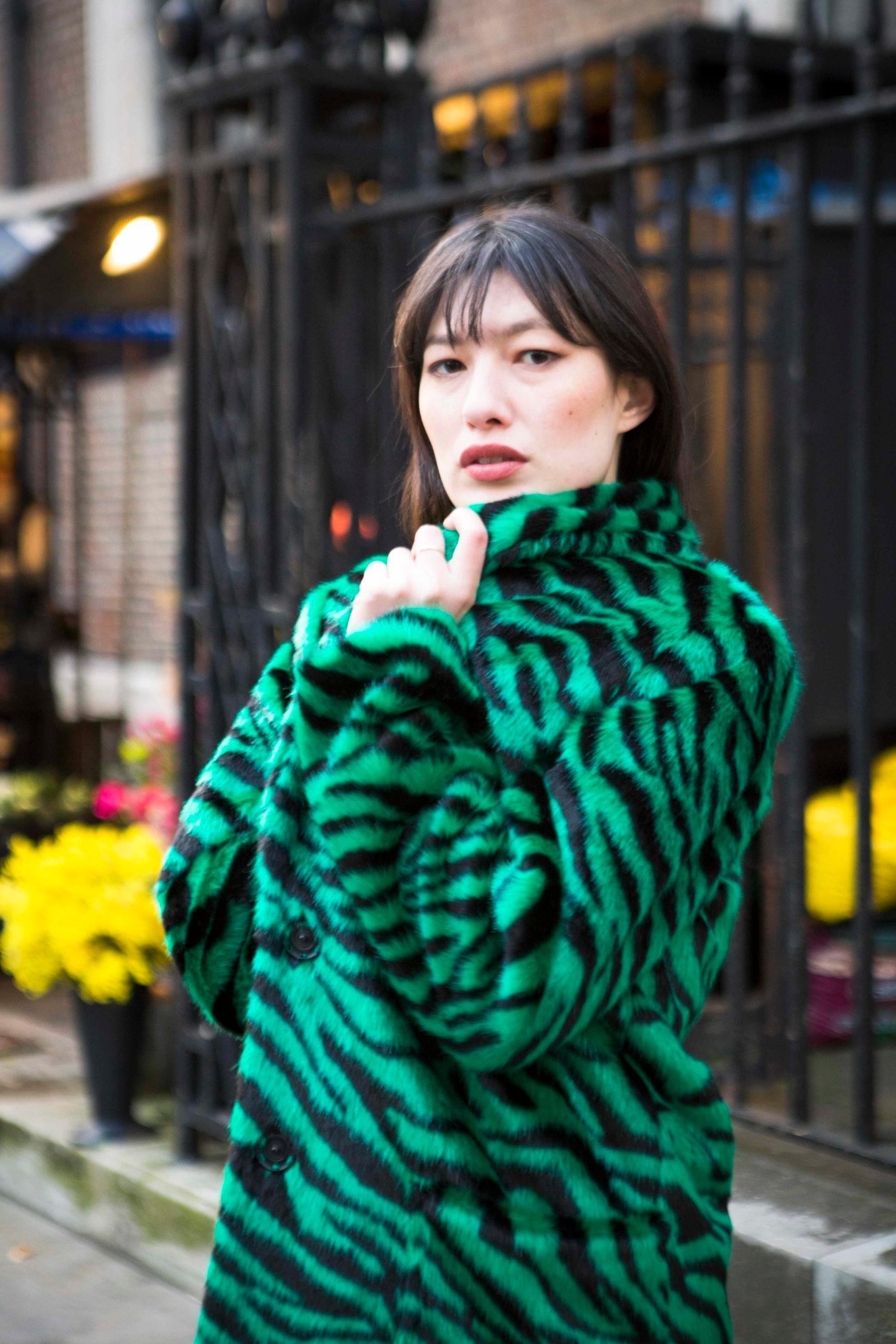Verheyen London Esmeralda Faux Fur Coat in Emerald Green Zebra Print size uk 8 7