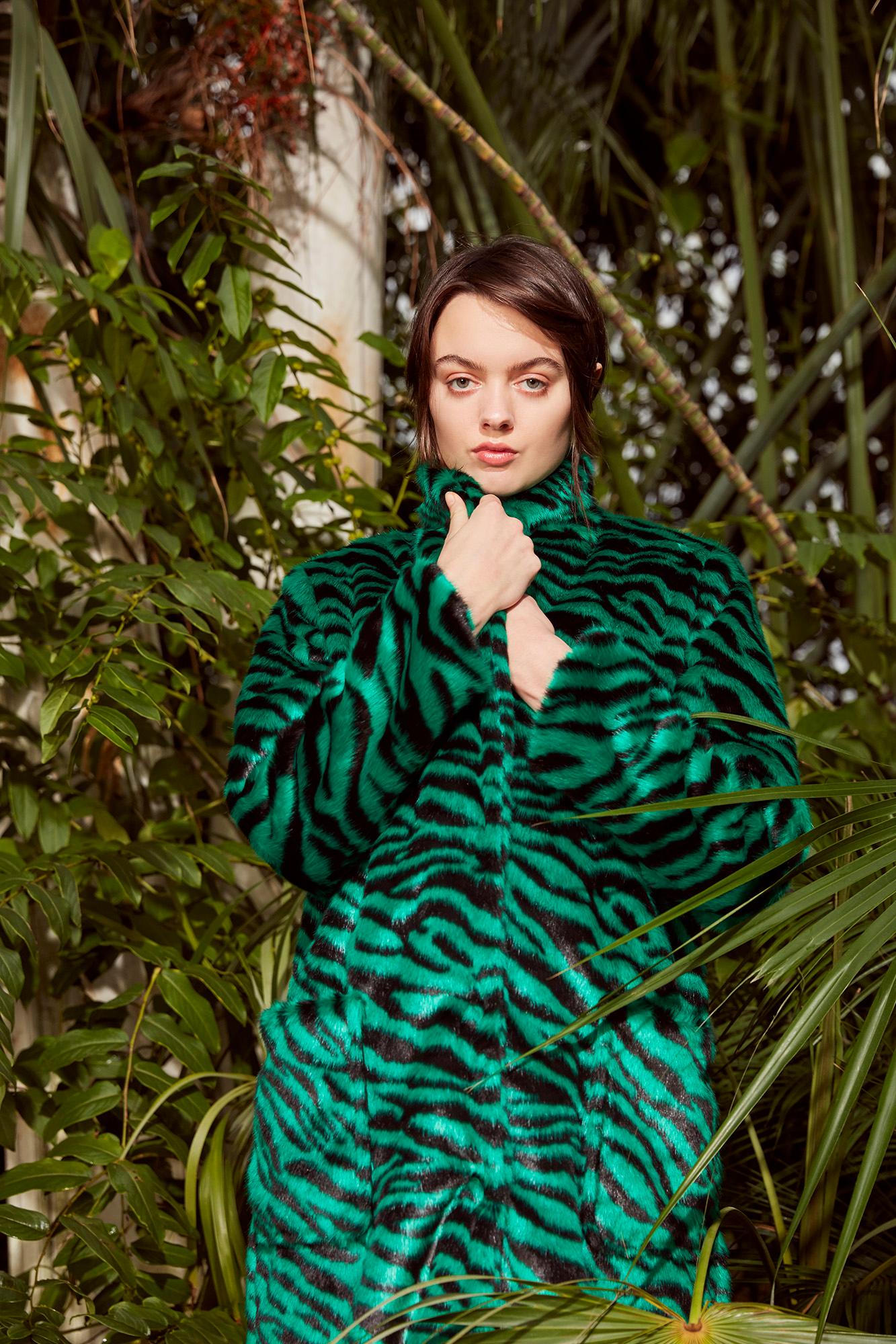 Verheyen London Esmeralda Faux Fur Coat in Emerald Green Zebra Print size uk 8 5
