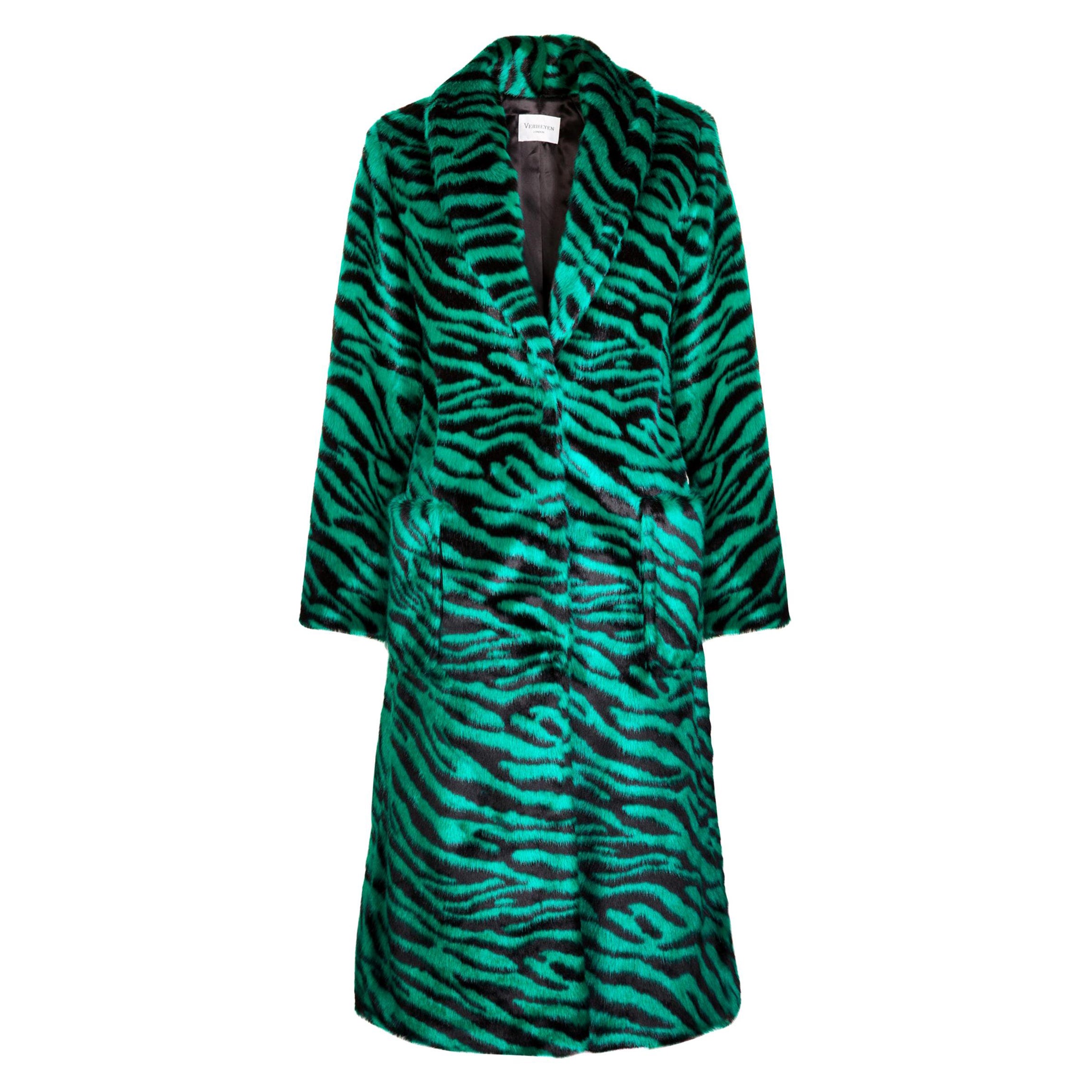 Verheyen London Esmeralda Faux Fur Coat in Emerald Green Zebra Print size uk 8