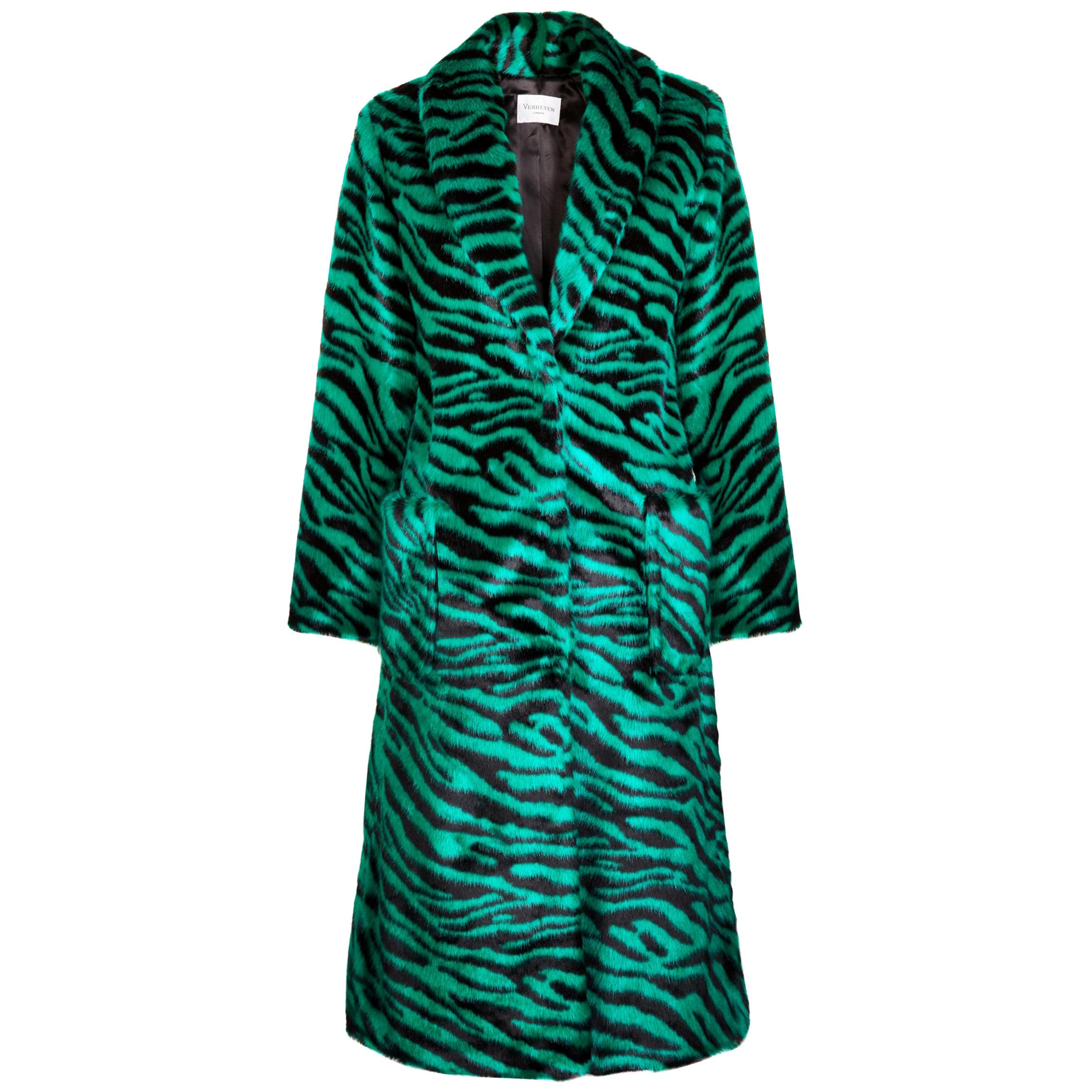 Verheyen London Faux Fur Coat in Emerald Green Animal Zebra Print size uk 10