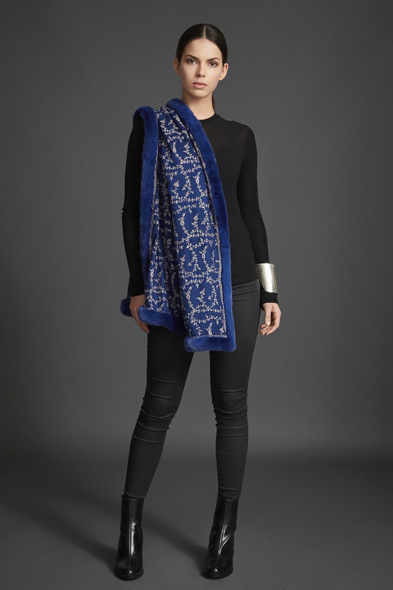 Women's Verheyen London Hand Embroidered Sapphire Blue Shawl & Blue Mink Fur For Sale