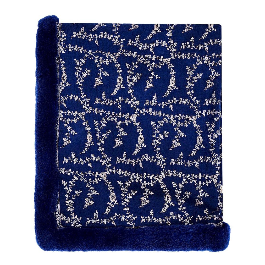 Verheyen London Hand Embroidered Sapphire Blue Shawl & Blue Mink Fur  For Sale