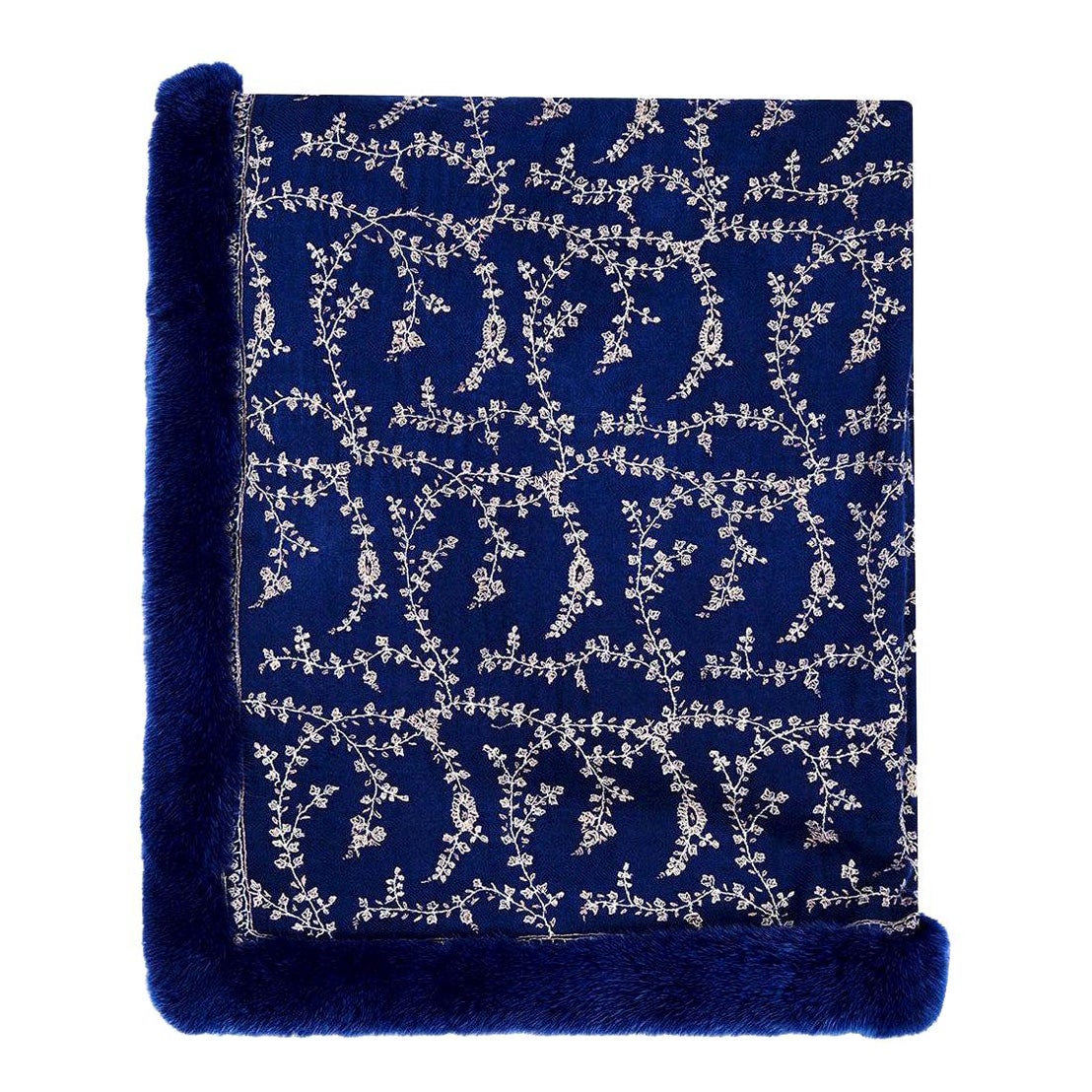 Verheyen London Hand Embroidered Sapphire Blue Shawl & Blue Mink Fur