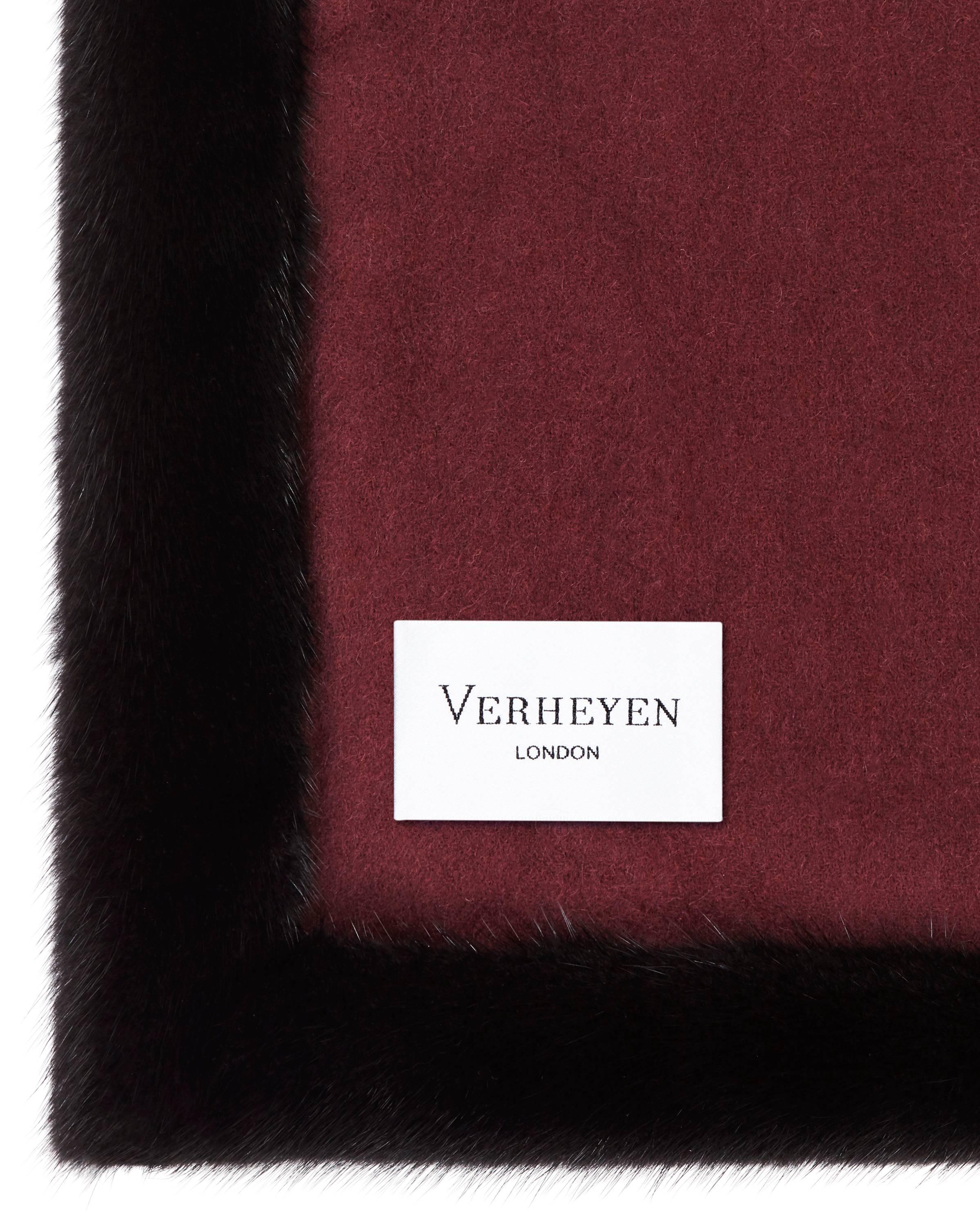 Women's or Men's Verheyen London Handmade Mink Fur Trimmed Black & Burgundy Cashmere Shawl For Sale