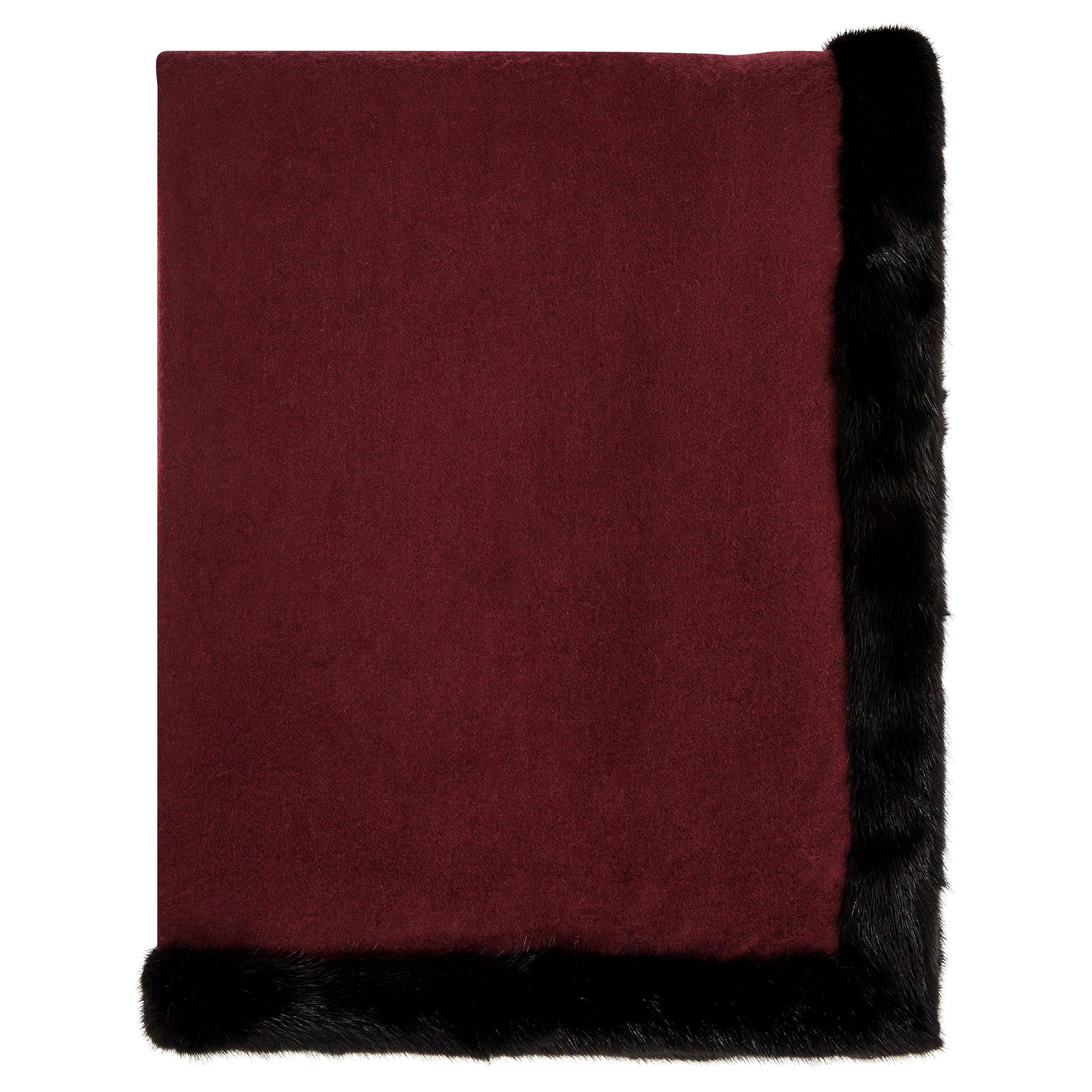 Verheyen London Handmade Mink Fur Trimmed Black & Burgundy Cashmere Shawl  For Sale