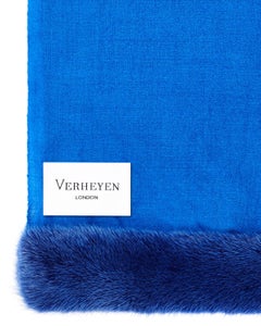 Verheyen London Handwoven Mink Fur Trimmed Cashmere Shawl in Blue Sapphire