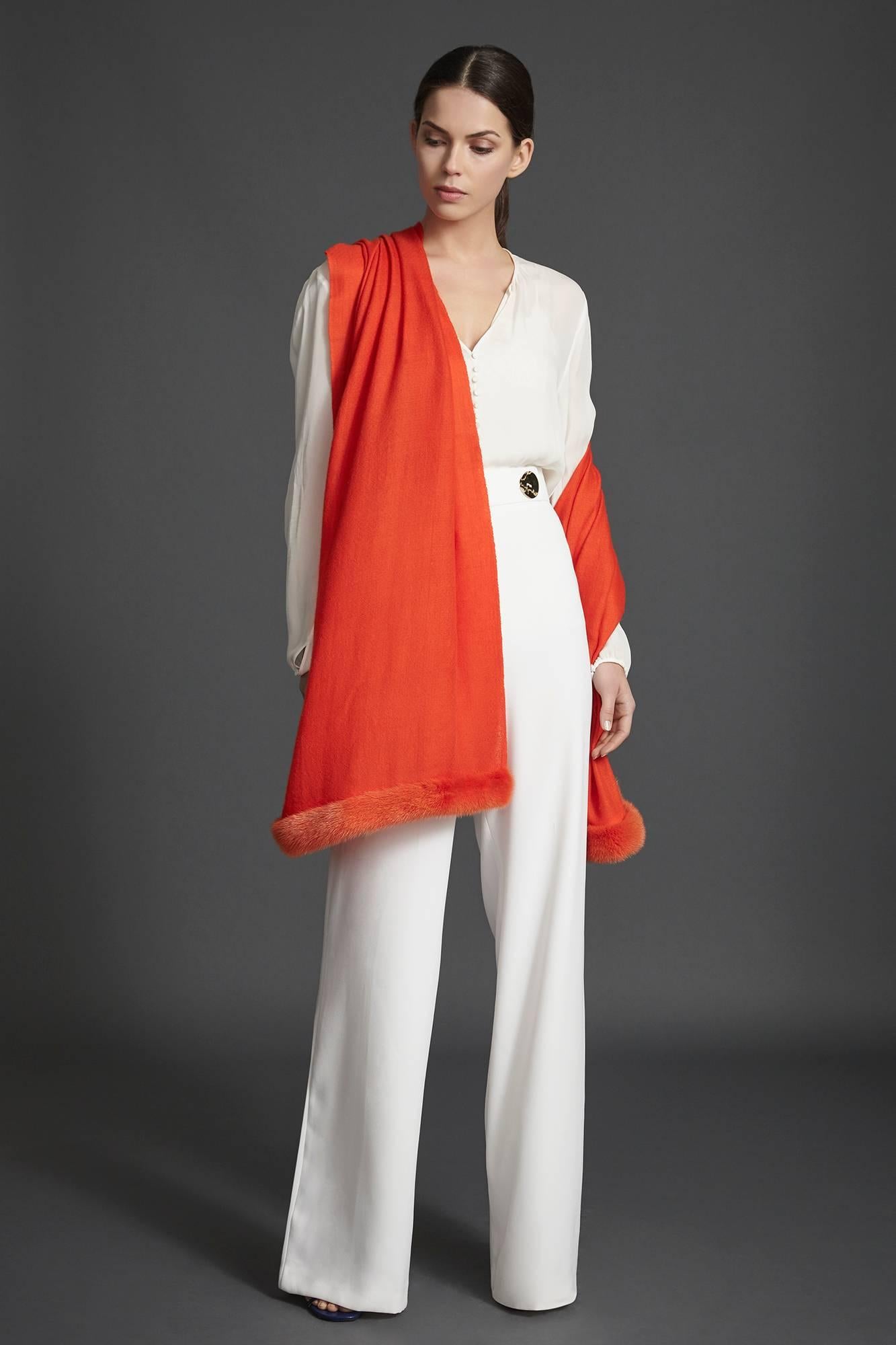 Women's or Men's Verheyen London Handwoven Mink Fur Trimmed Orange Cashmere Shawl - Brand New 