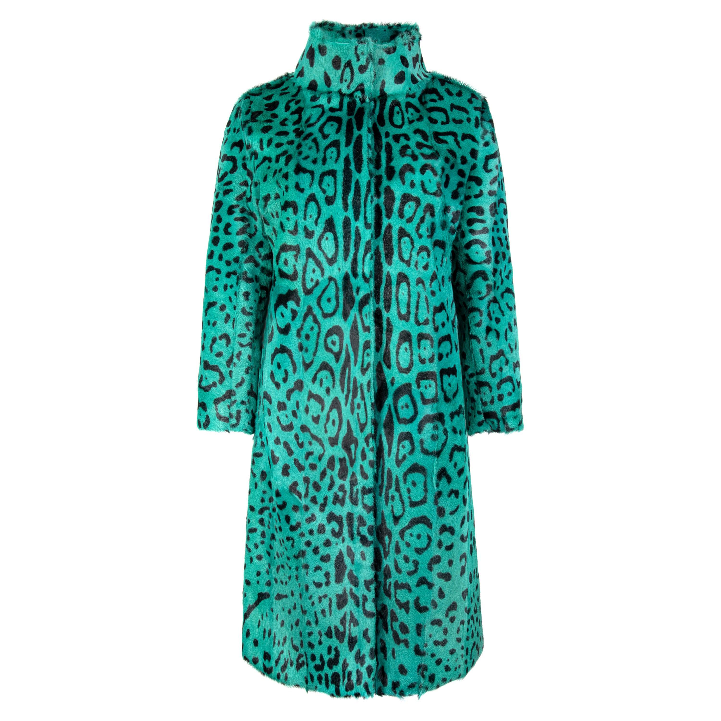 Verheyen London High Collar Green Leopard Print Coat Goat Hair Fur Size uk 10