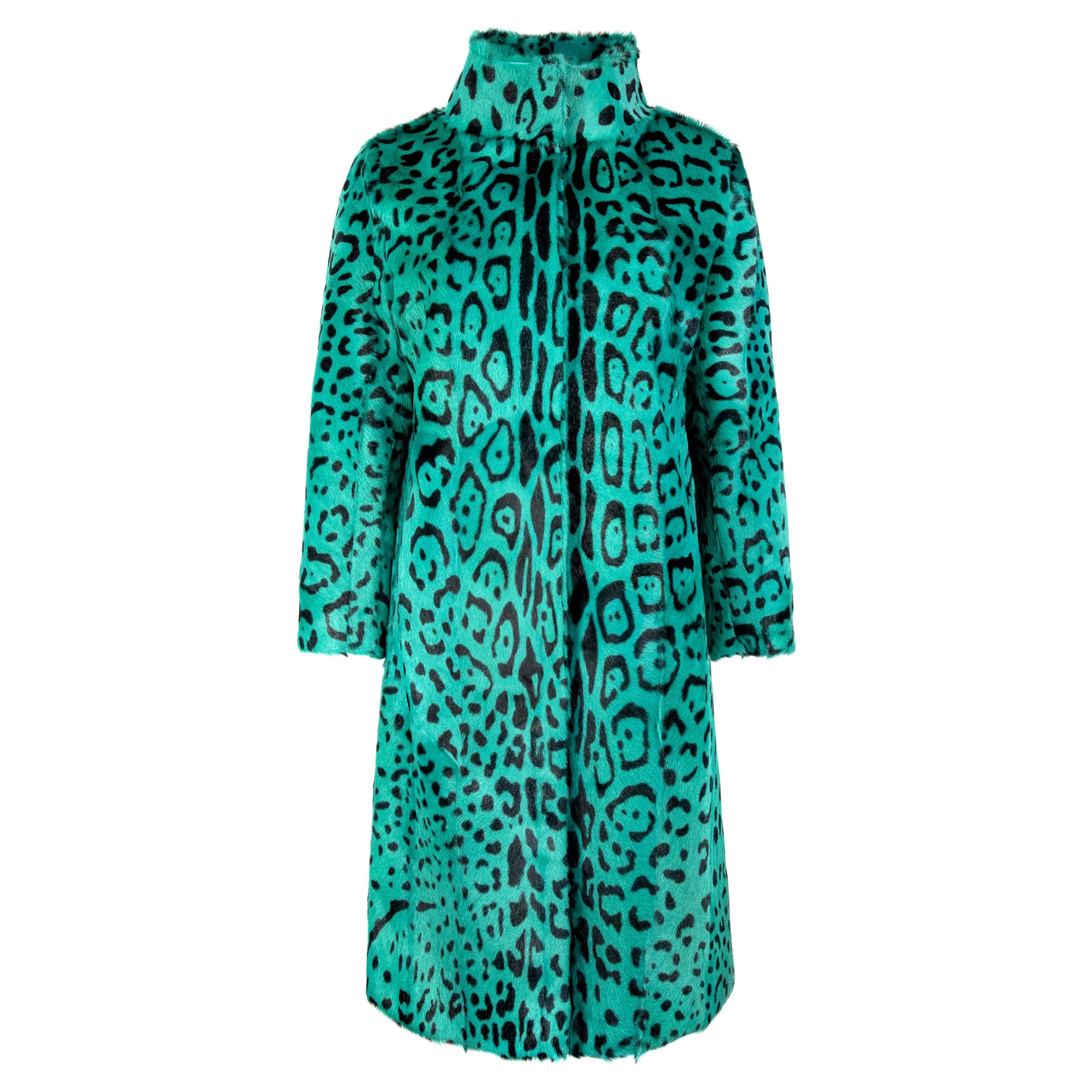 Verheyen London Manteau vert imprimé léopard à col haut et fourrure de chèvre, taille UK 12