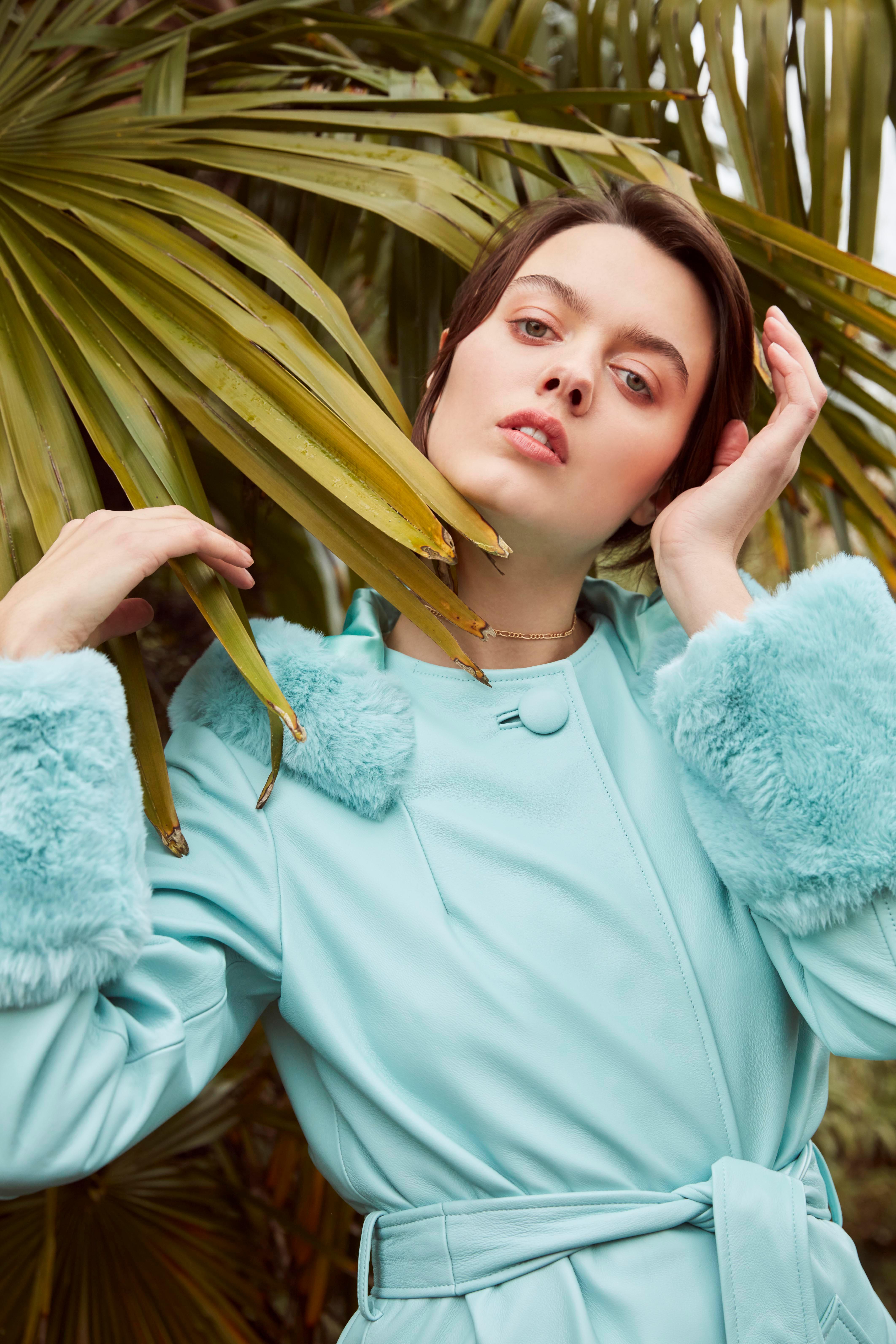 Verheyen London Hooded Leather Coat in Blue Aquamarine & Faux Fur - Size uk 14 For Sale 7