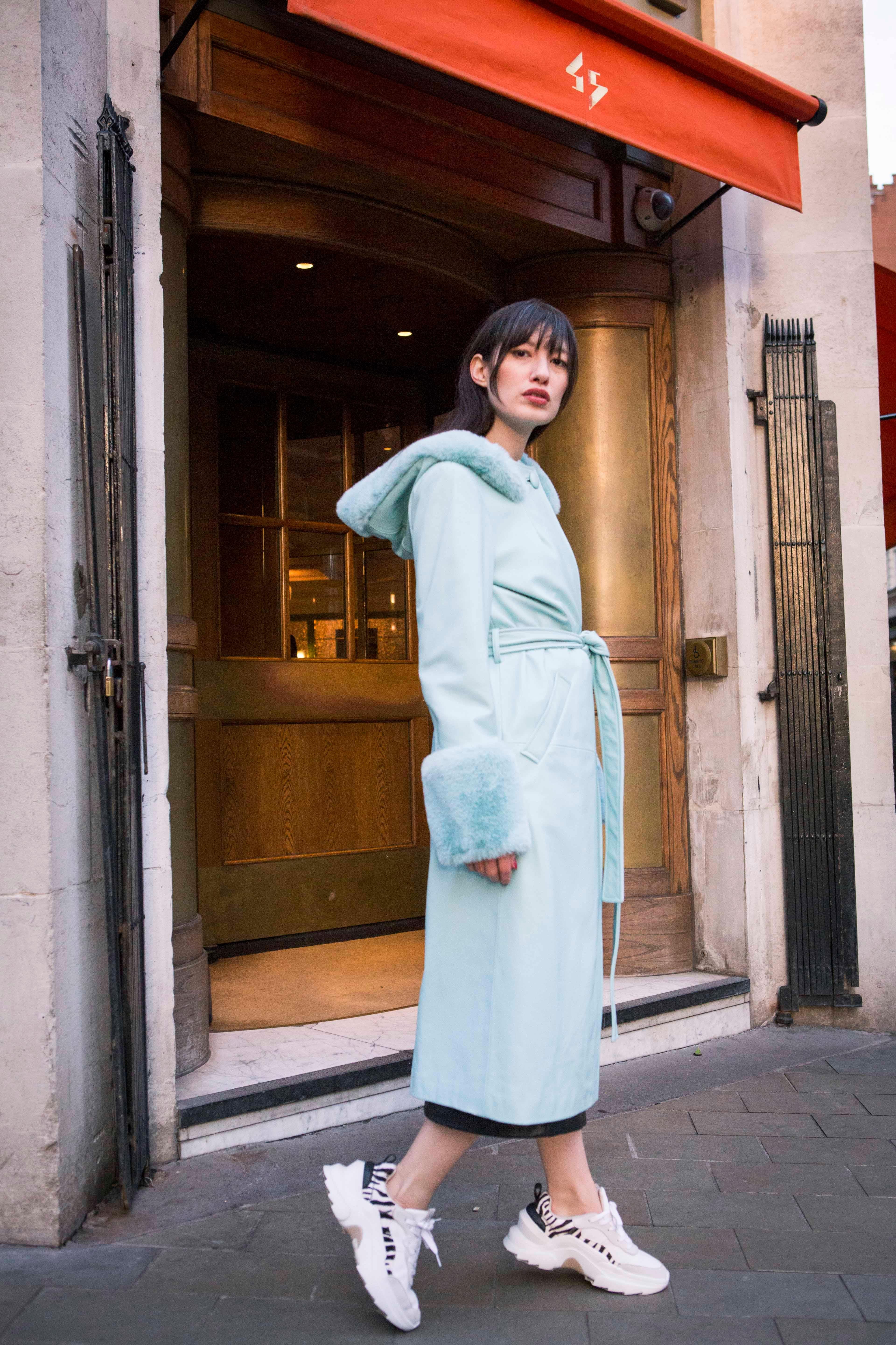 Verheyen London Hooded Leather Coat in Blue Aquamarine & Faux Fur - Size uk 14 For Sale 10