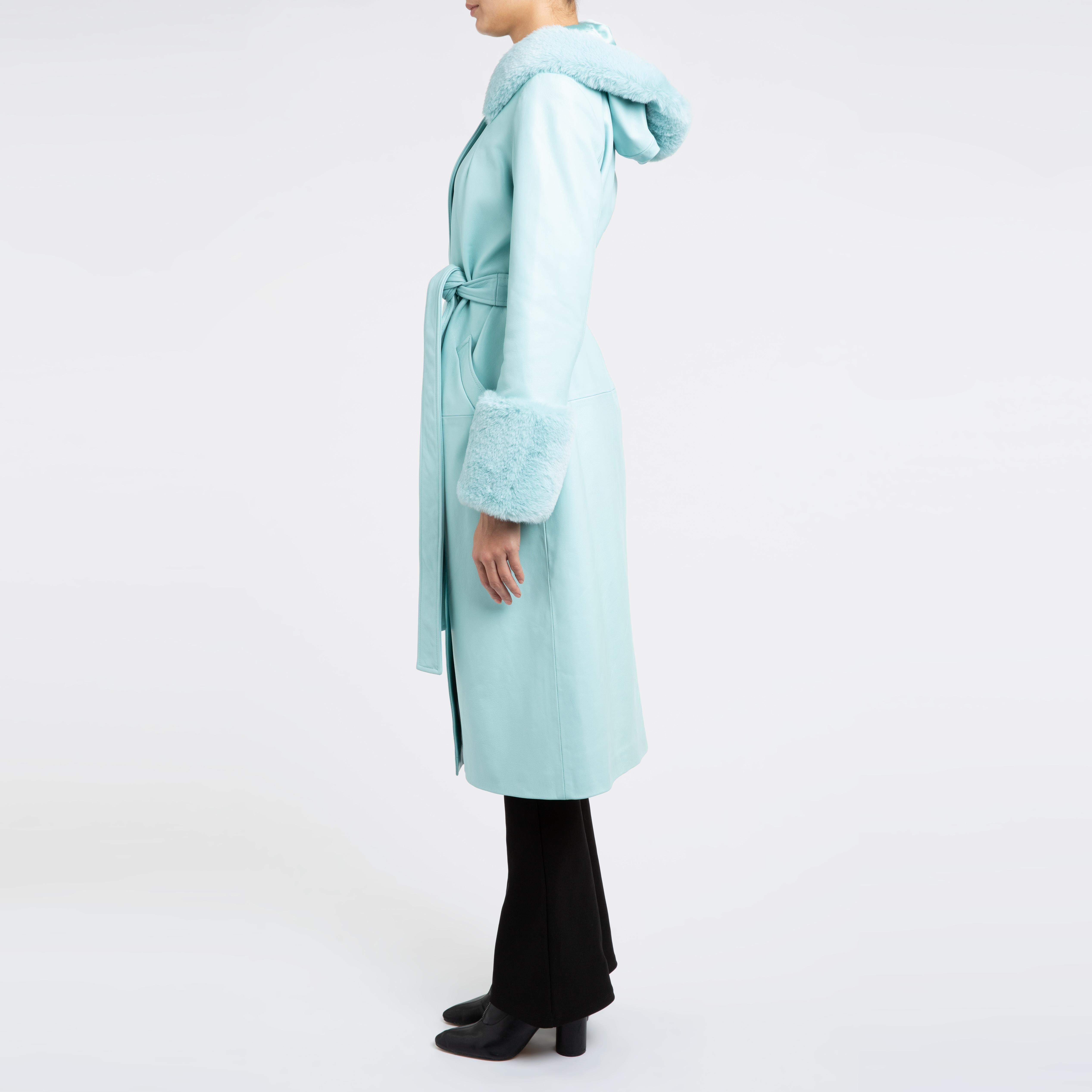 Women's Verheyen London Hooded Leather Coat in Blue Aquamarine & Faux Fur - Size uk 14 For Sale