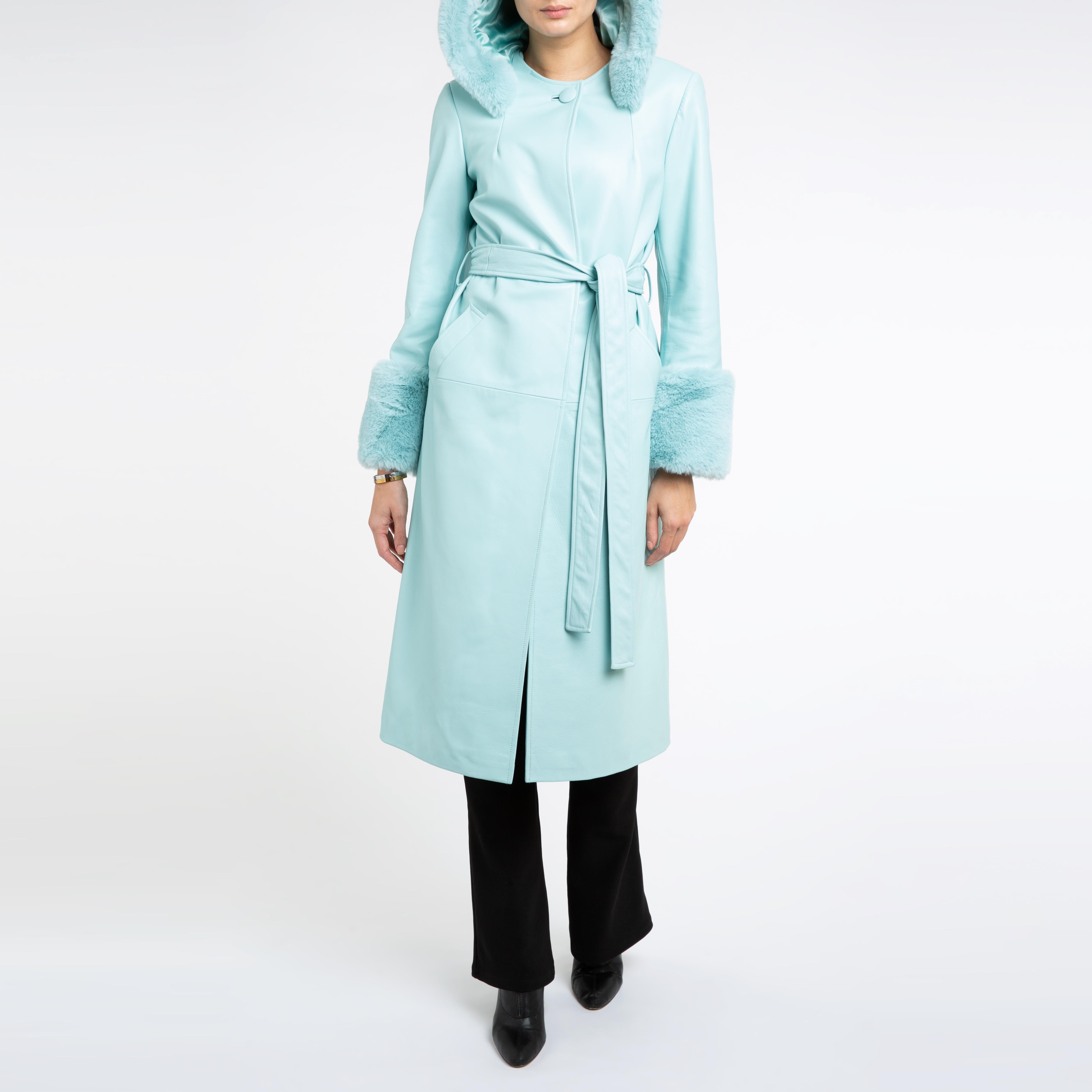 Verheyen London Hooded Leather Coat in Blue Aquamarine & Faux Fur - Size uk 14 For Sale 2