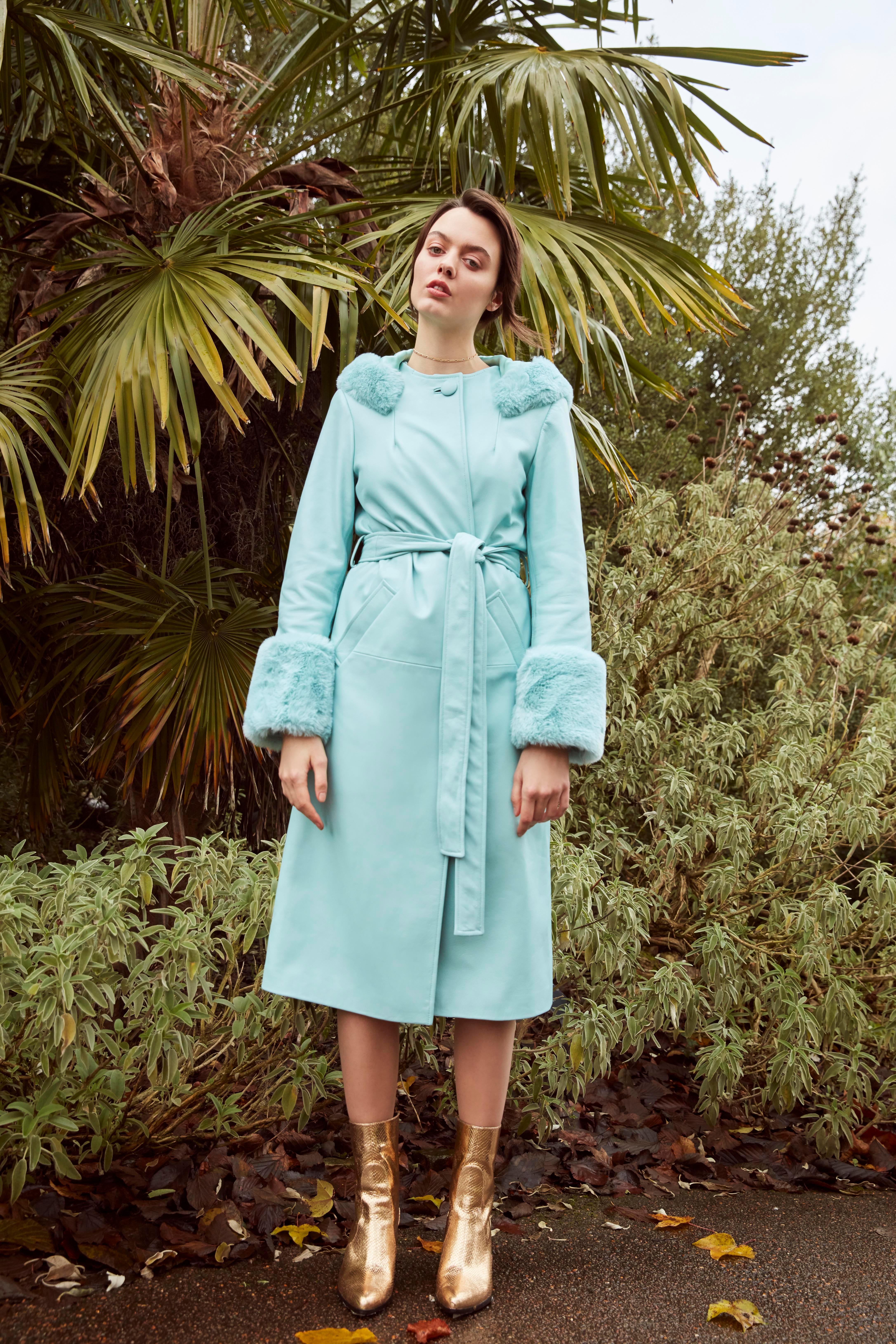 Verheyen London Hooded Leather Coat in Blue Aquamarine & Faux Fur - Size uk 14 For Sale 5
