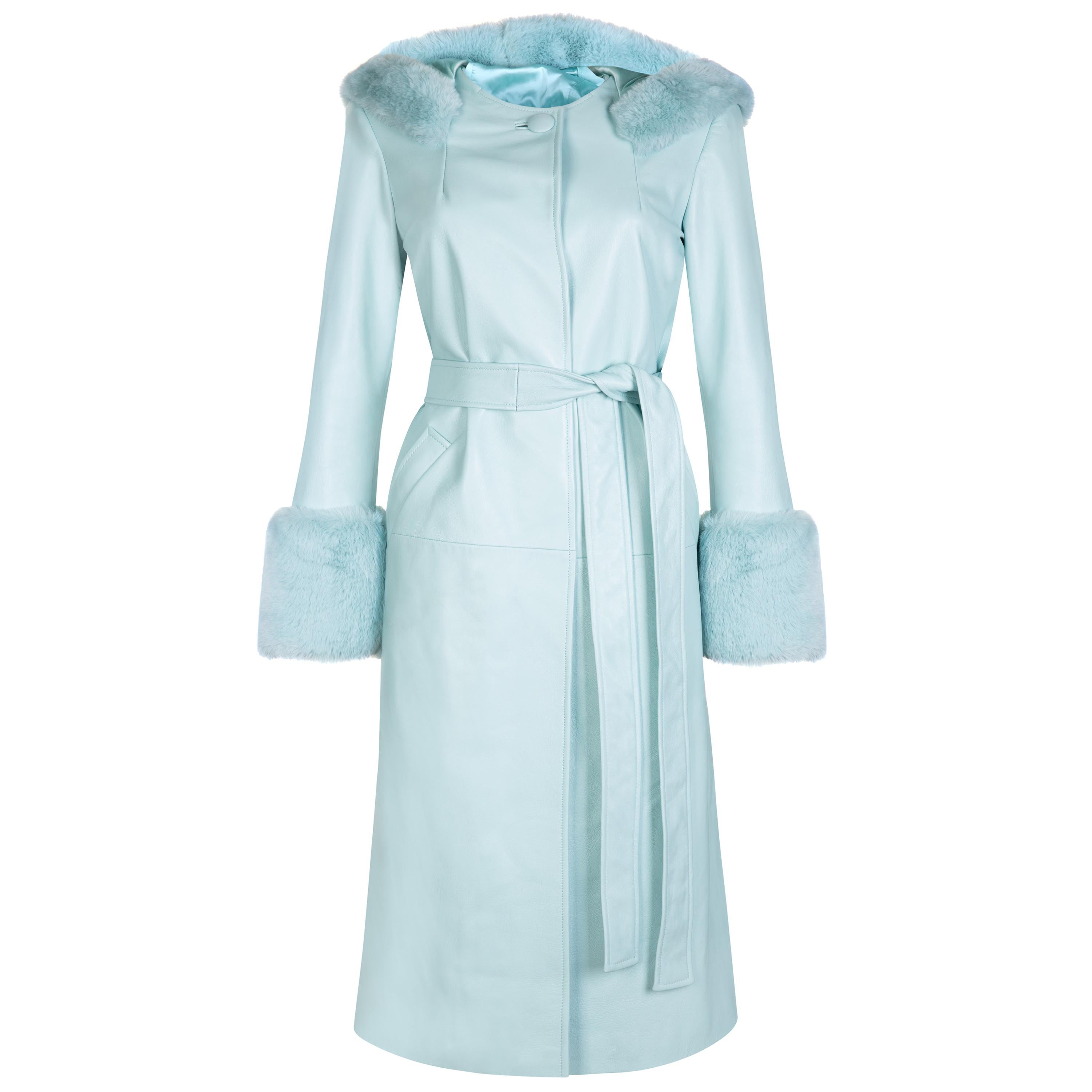 Verheyen London Hooded Leather Coat in Blue Aquamarine & Faux Fur - Size uk 6