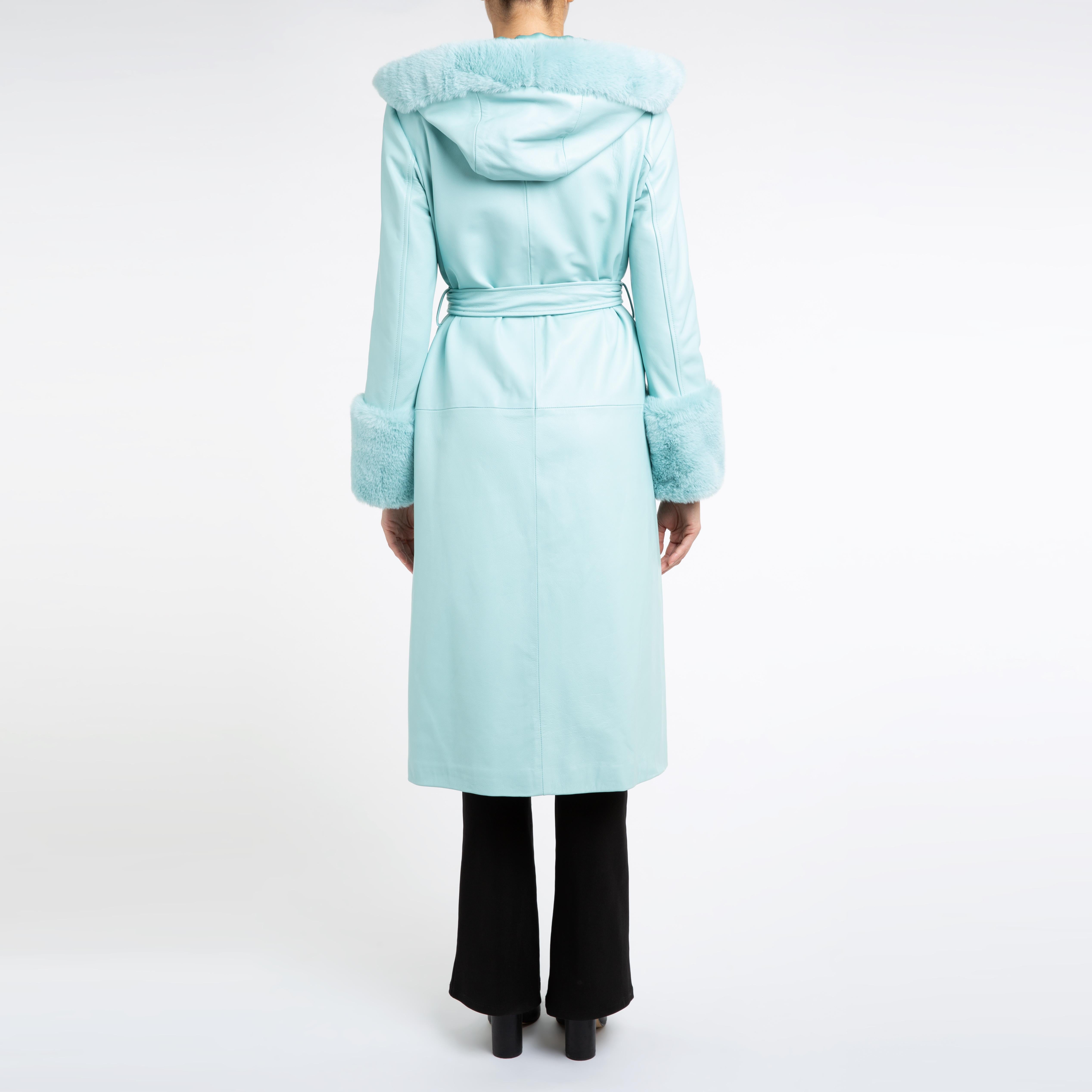Manteau à capuche en cuir Verheyen London en aigue-marine bleue et fausse fourrure - Taille UK 8 en vente 1