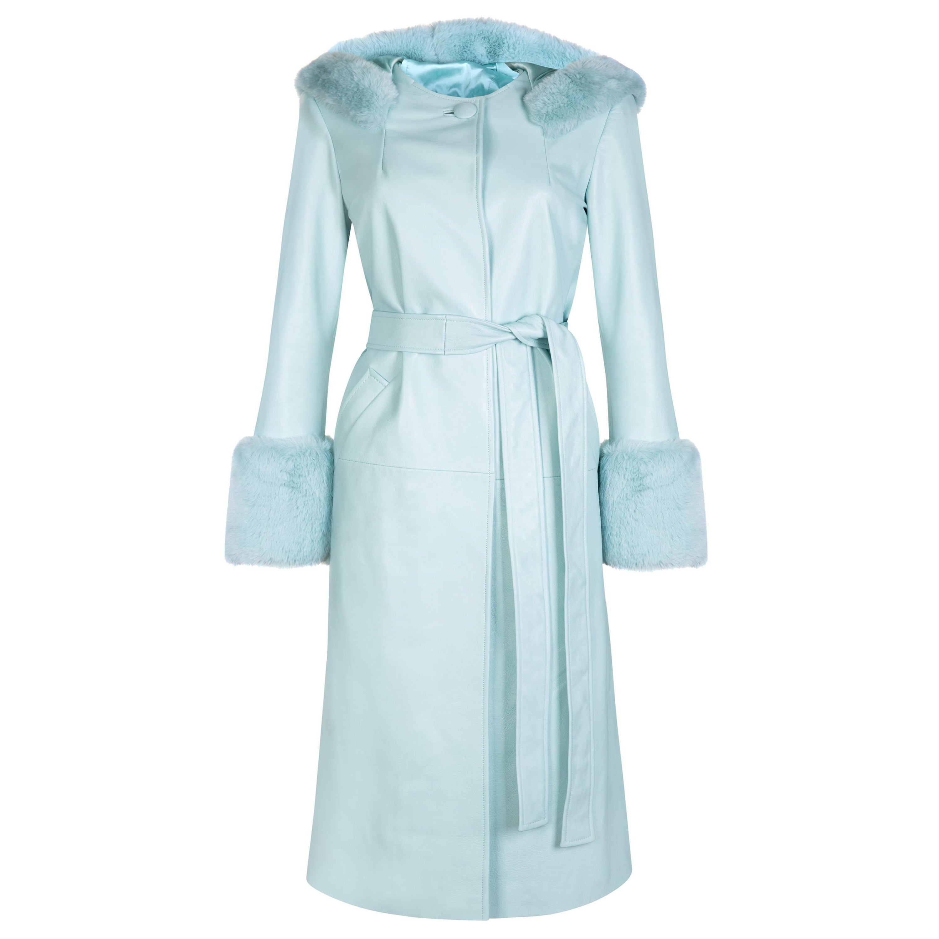 Manteau à capuche en cuir Verheyen London en aigue-marine bleue et fausse fourrure - Taille UK 8 en vente