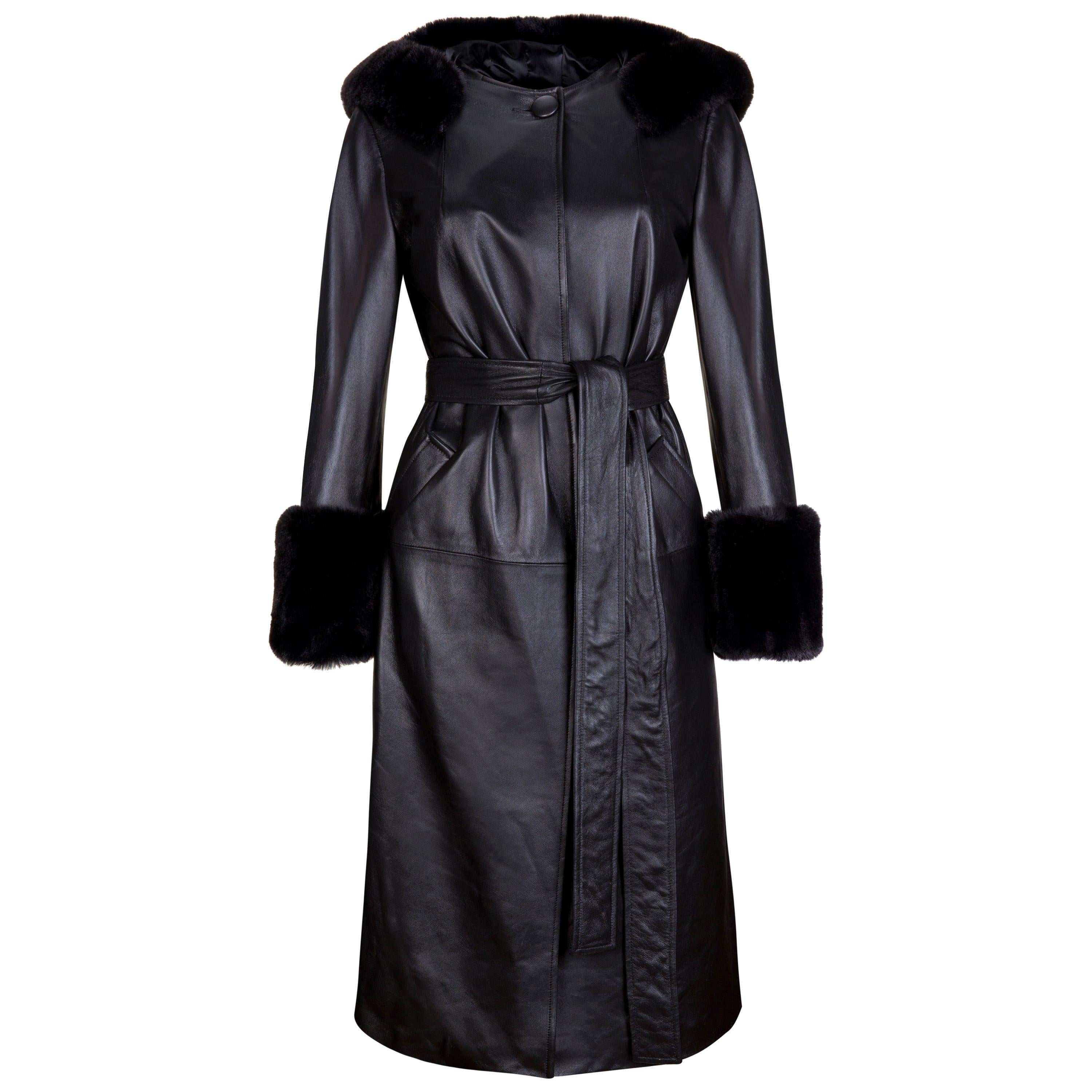 Verheyen London Hooded Leather Trench Coat in Black with Faux Fur - Size uk 8 