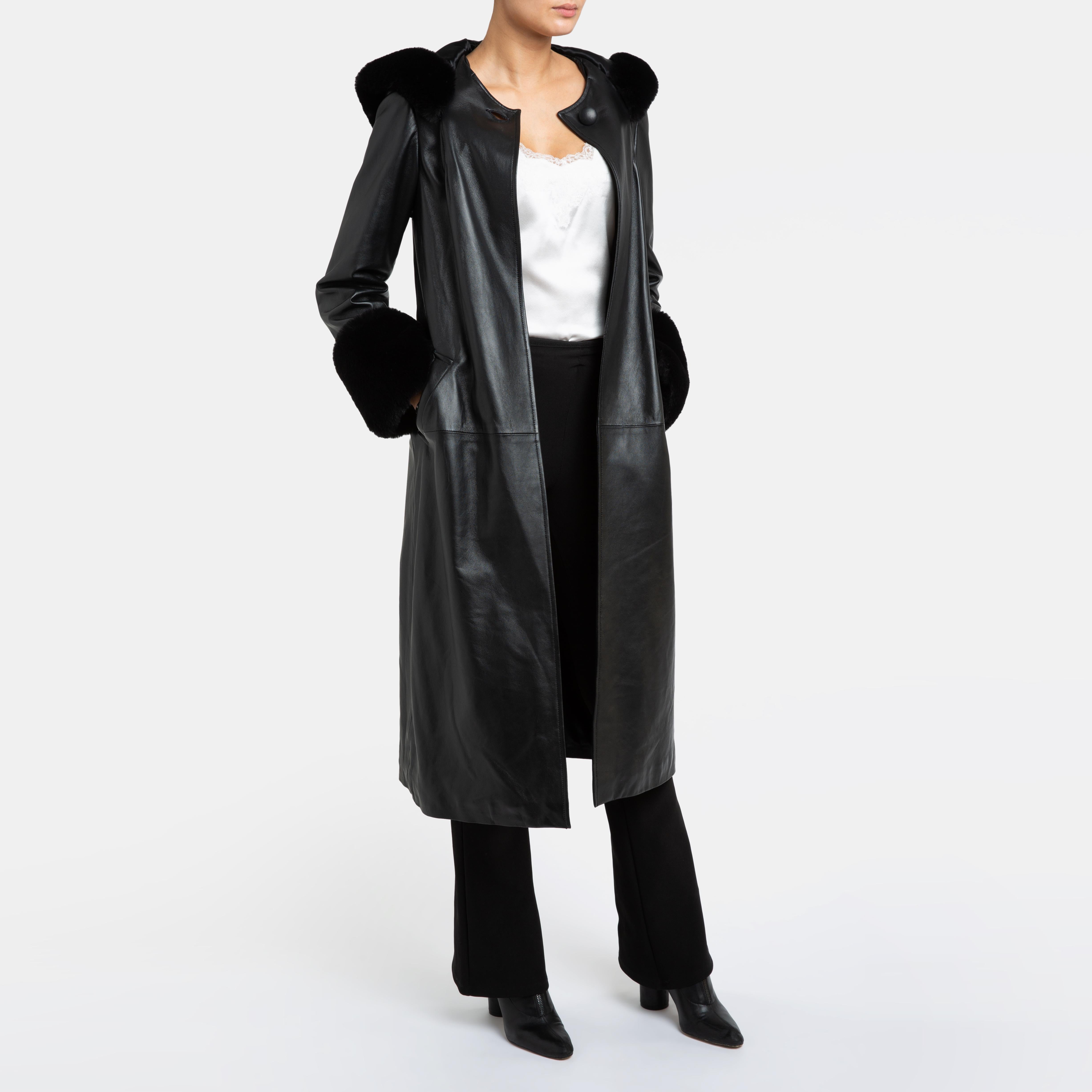 Verheyen London Trench-coat en cuir à capuche noir avec fausse fourrure - Taille uk 10  en vente 7