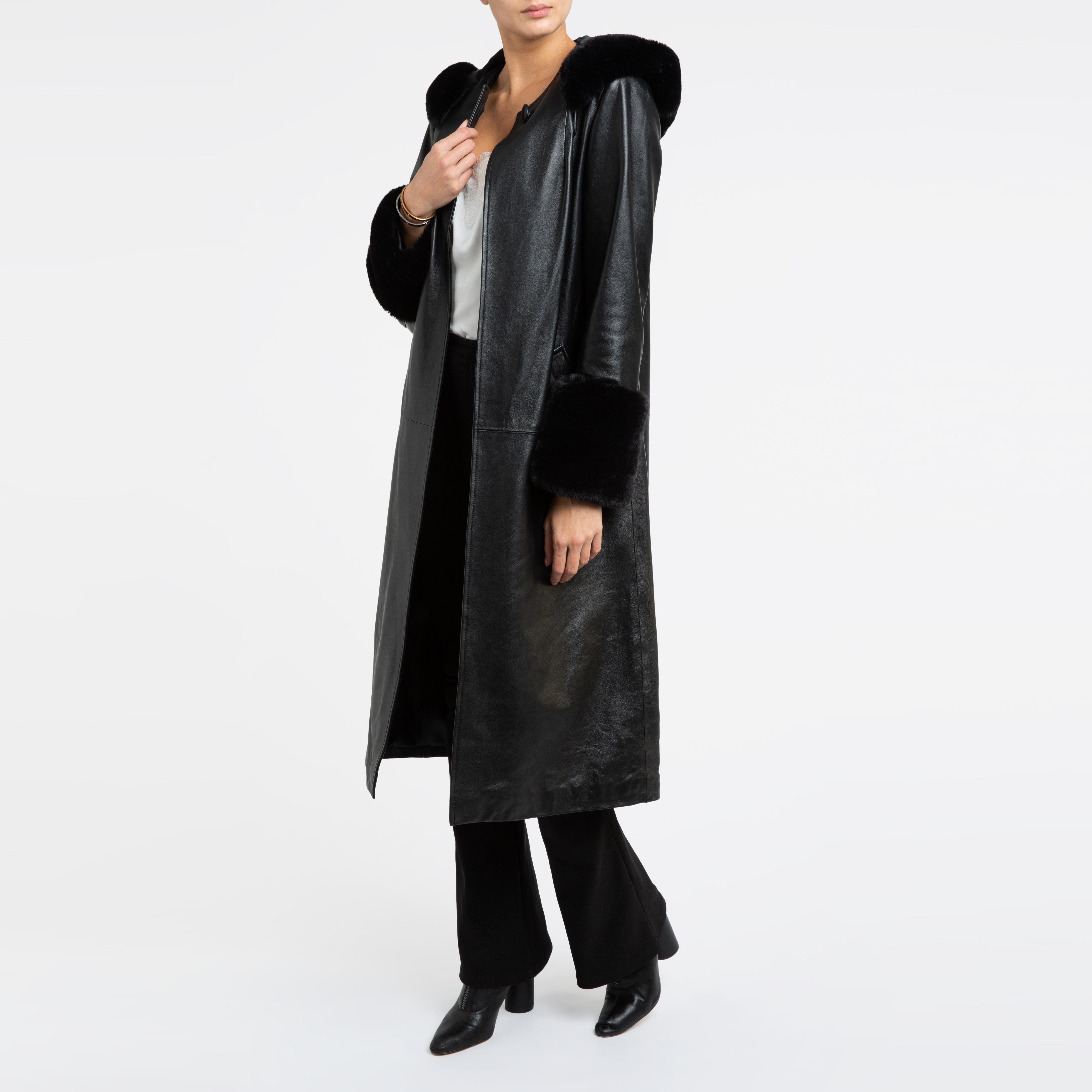 Verheyen London Trench-coat en cuir à capuche noir avec fausse fourrure - Taille uk 10  en vente 8