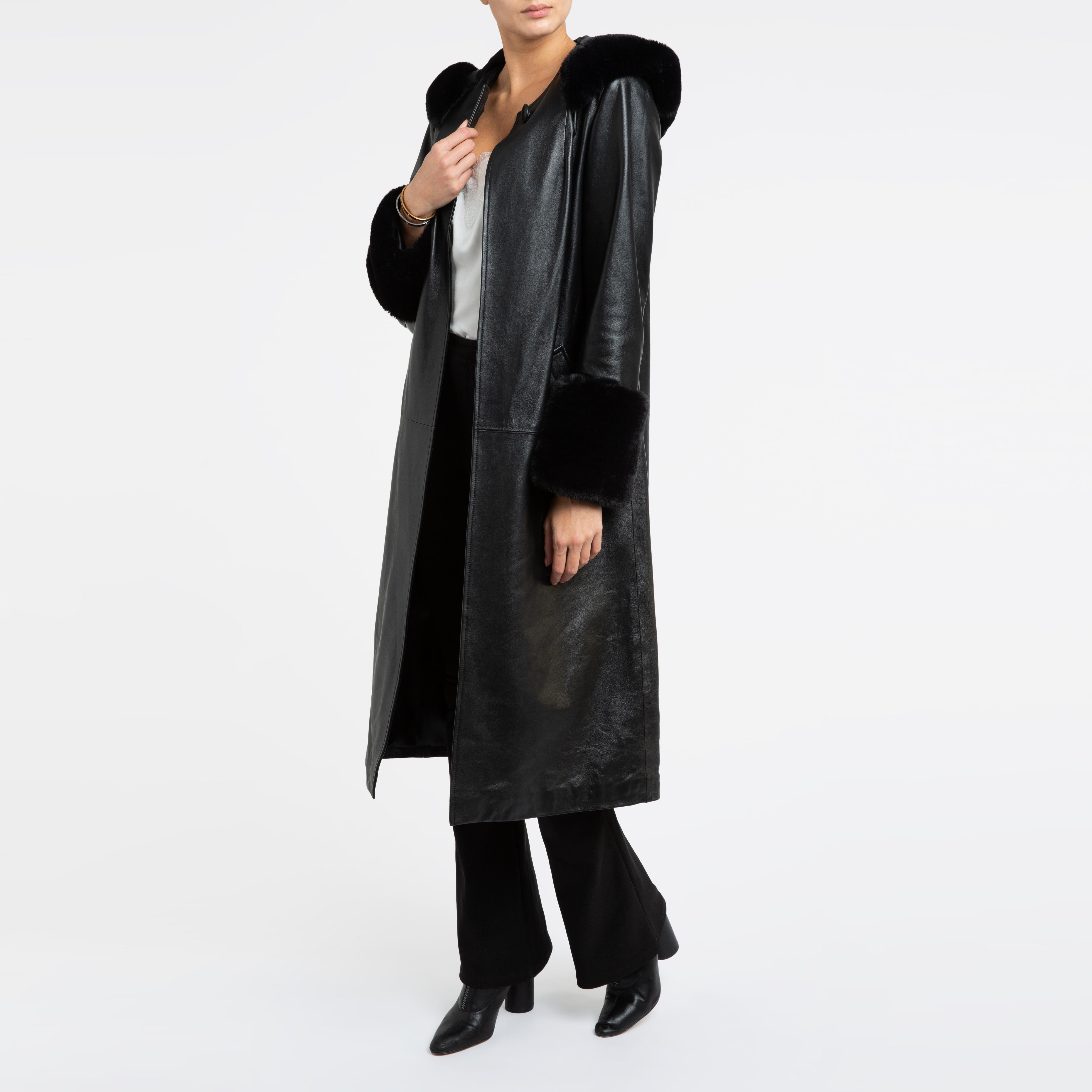 Verheyen London Abrigo Trench de piel con capucha en negro y piel sintética - Talla uk 10 en venta 7