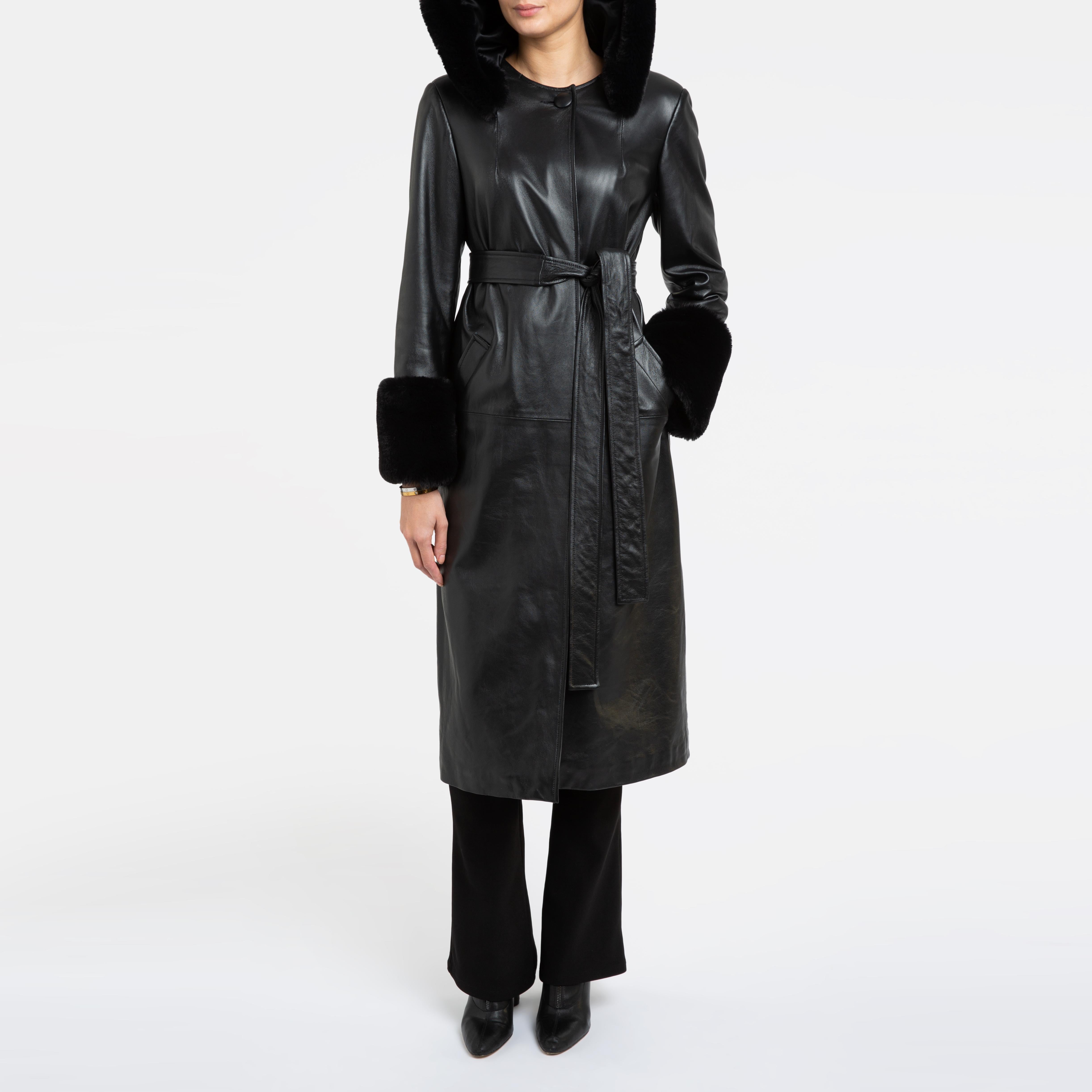 Verheyen London Hooded Leather Trench Coat in Black with Faux Fur - Size uk 10 6