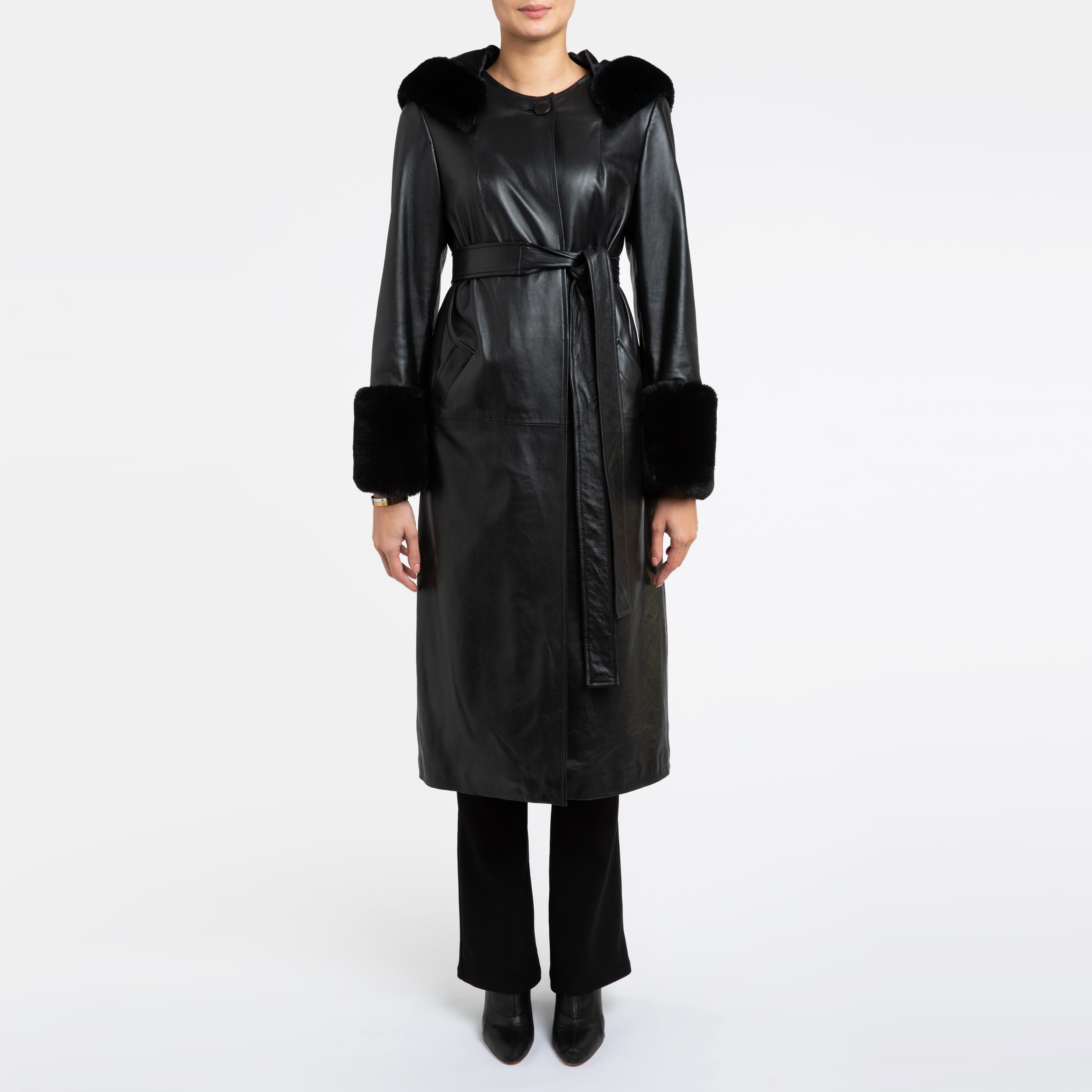 Verheyen London Hooded Leather Trench Coat in Black with Faux Fur - Size uk 10

Handmade in London, made with 100% Italian Lambs Leather and the highest quality of faux fur to match, this luxury item is an investment piece to wear for a lifetime.