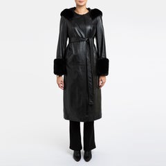 Verheyen London Hooded Leather Trench Coat in Black with Faux Fur - Size uk 10
