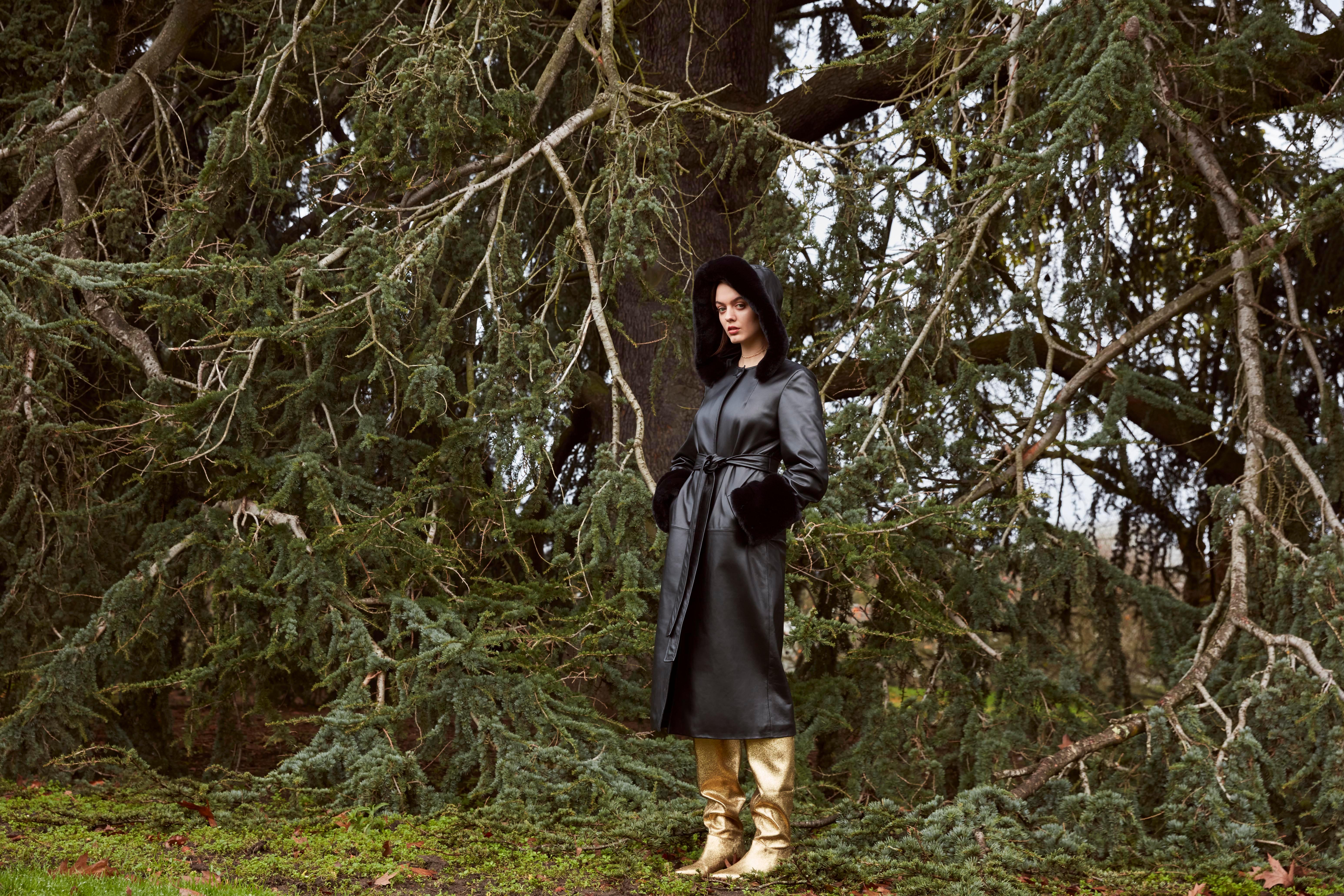 Verheyen London Trench-coat en cuir à capuche noir avec fausse fourrure - Taille uk 10 en vente 3
