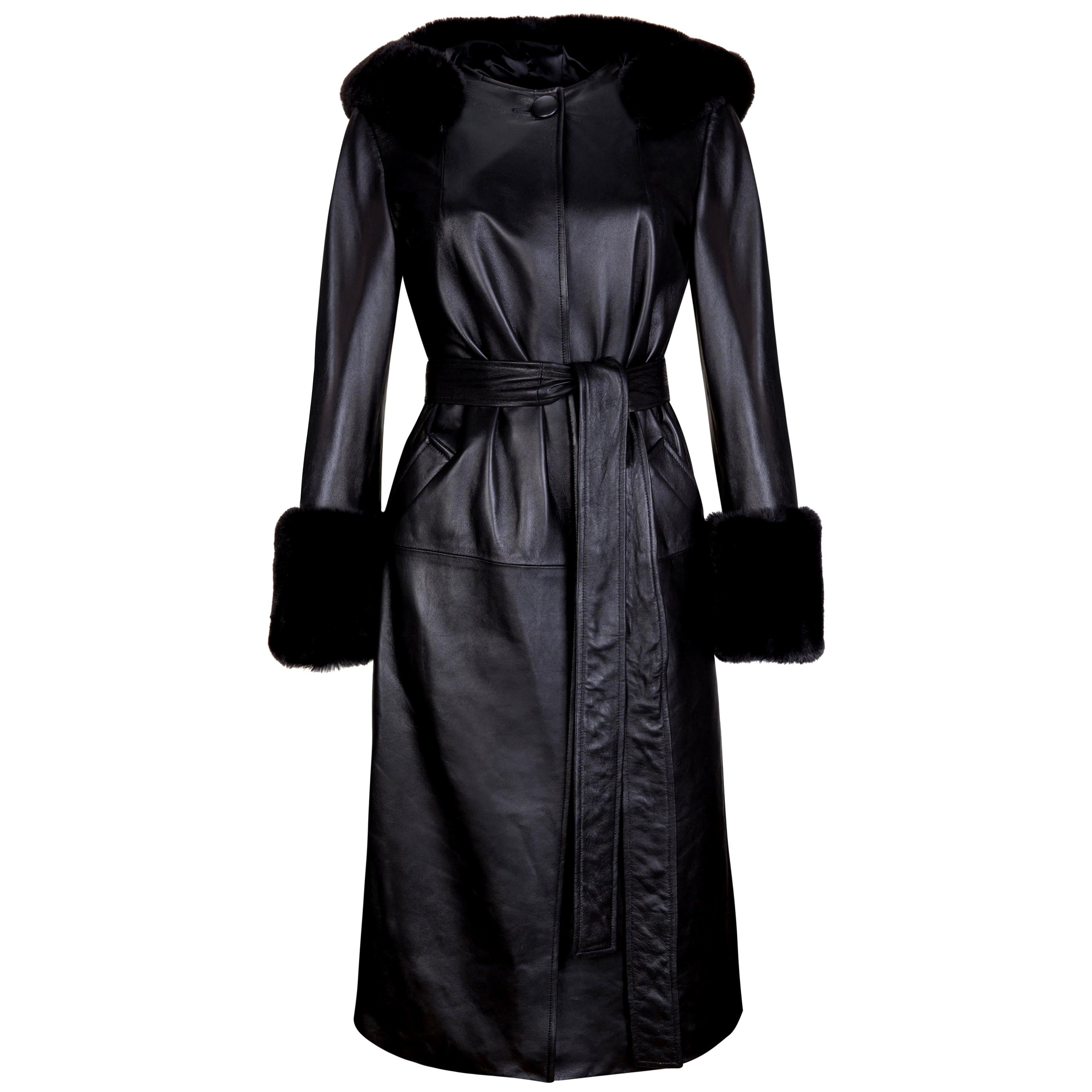 Verheyen London Trench-coat en cuir à capuche noir avec fausse fourrure - Taille uk 10  en vente