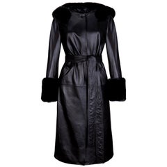 Verheyen London Hooded Leather Trench Coat in Black with Faux Fur - Size uk 10 