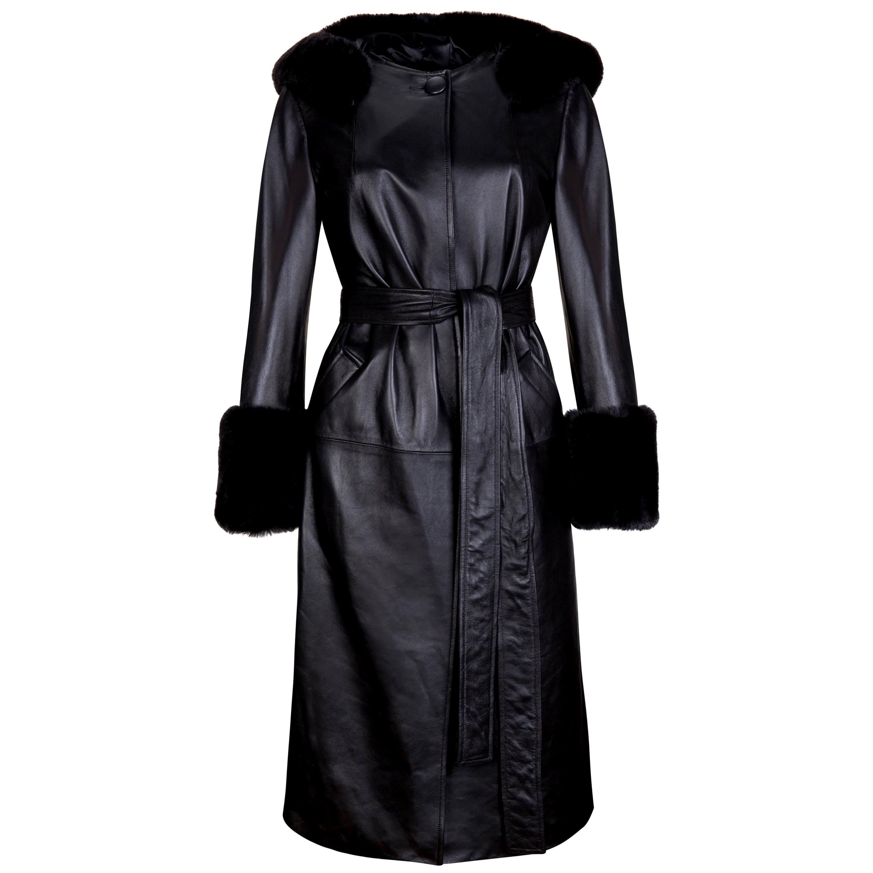 Verheyen London Abrigo Trench de piel con capucha en negro y piel sintética - Talla uk 10 en venta