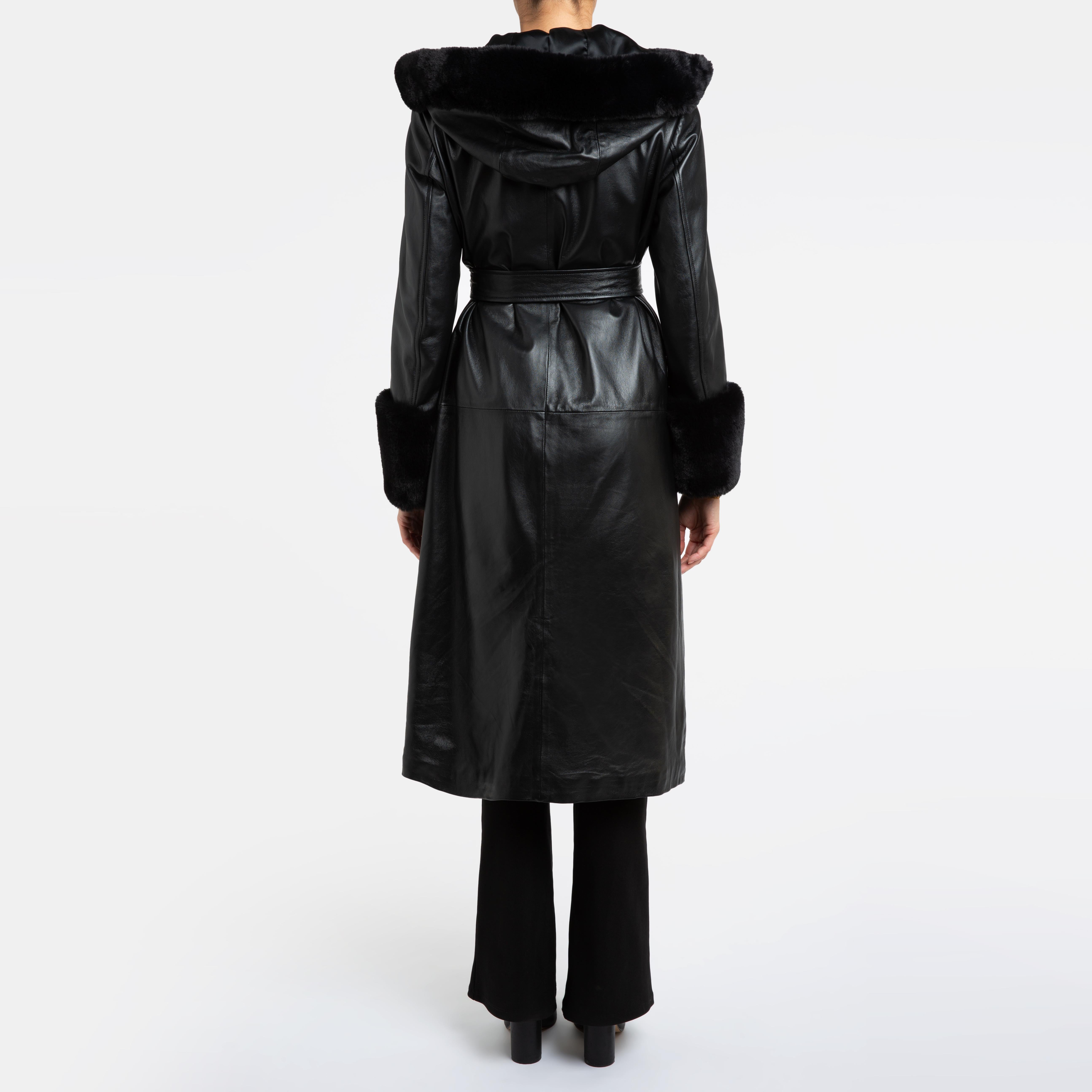 Women's Verheyen London Hooded Leather Trench Coat in Black with Faux Fur - Size uk 12  For Sale