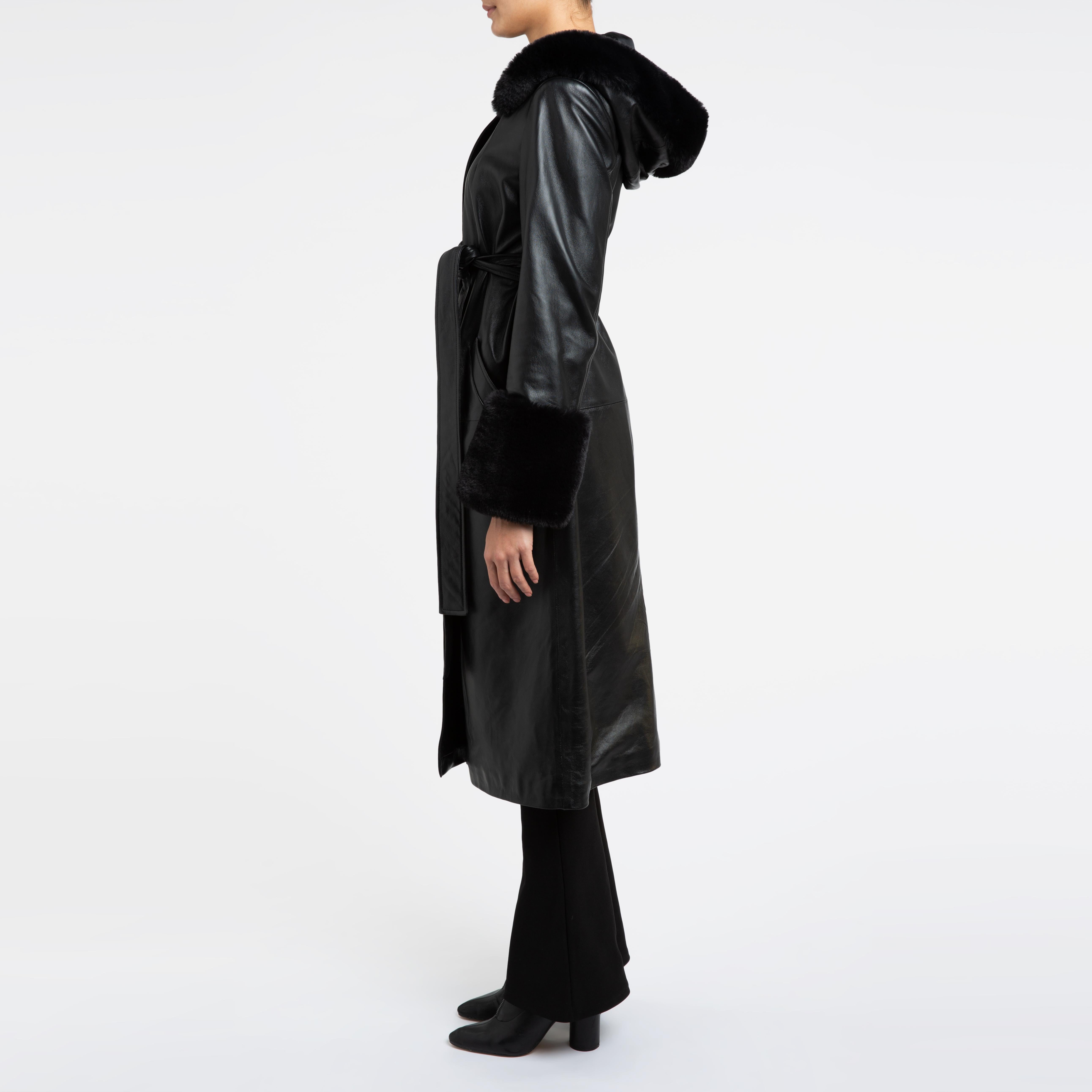 Verheyen London Hooded Leather Trench Coat in Black with Faux Fur - Size uk 12 3