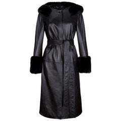 Verheyen London Hooded Leather Trench Coat in Black with Faux Fur - Size uk 12 