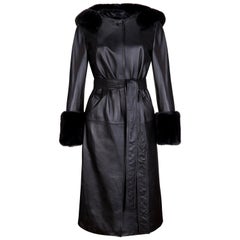 Verheyen London Hooded Leather Trench Coat in Black with Faux Fur - Size uk 12