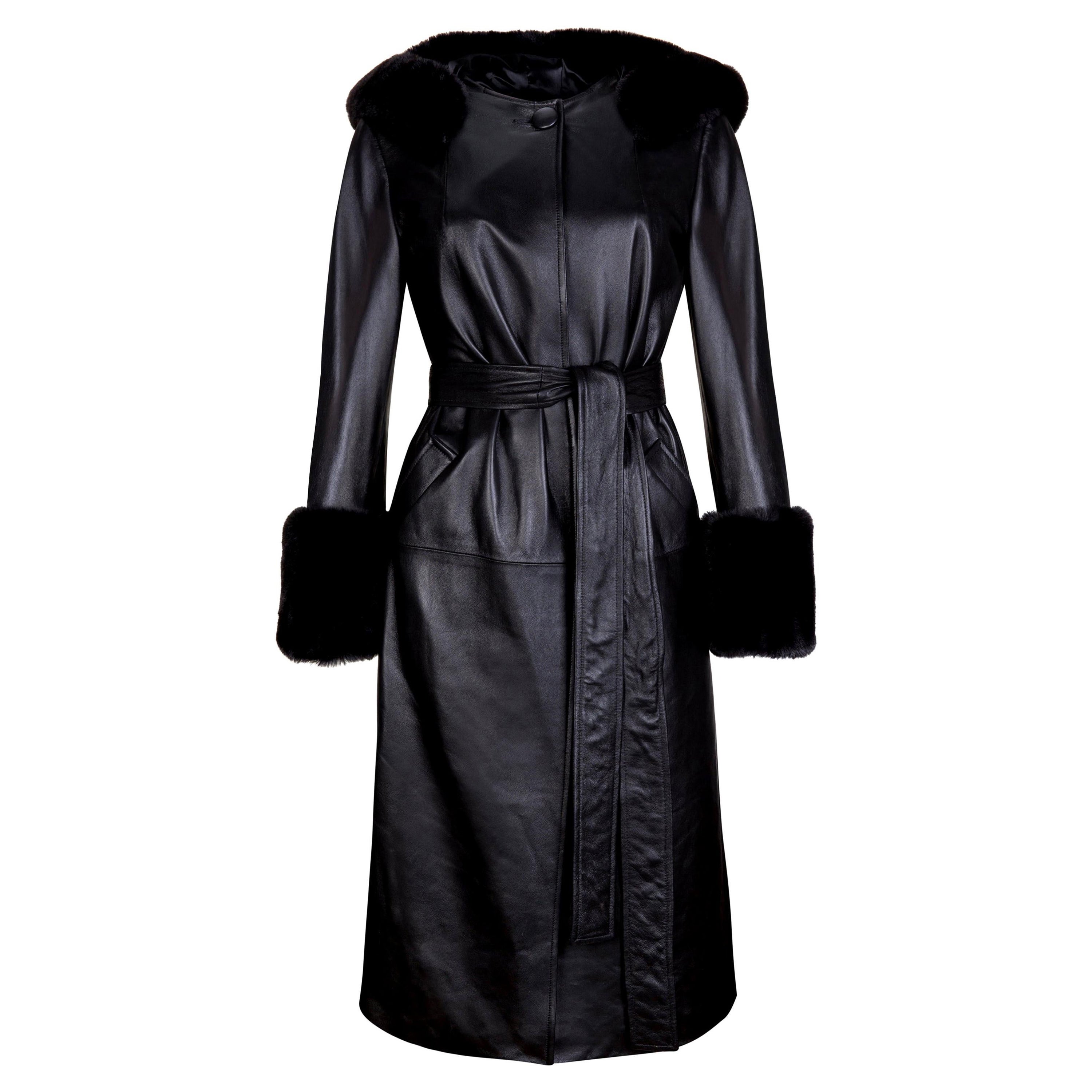 Trench-coat à capuche en cuir noir avec fausse fourrure Verheyen London - Taille UK 14